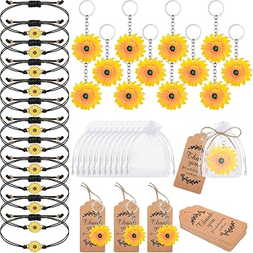 Haysandy 48 Pcs Sunflower Party Favors Keychains Bracelets Bags Wedding