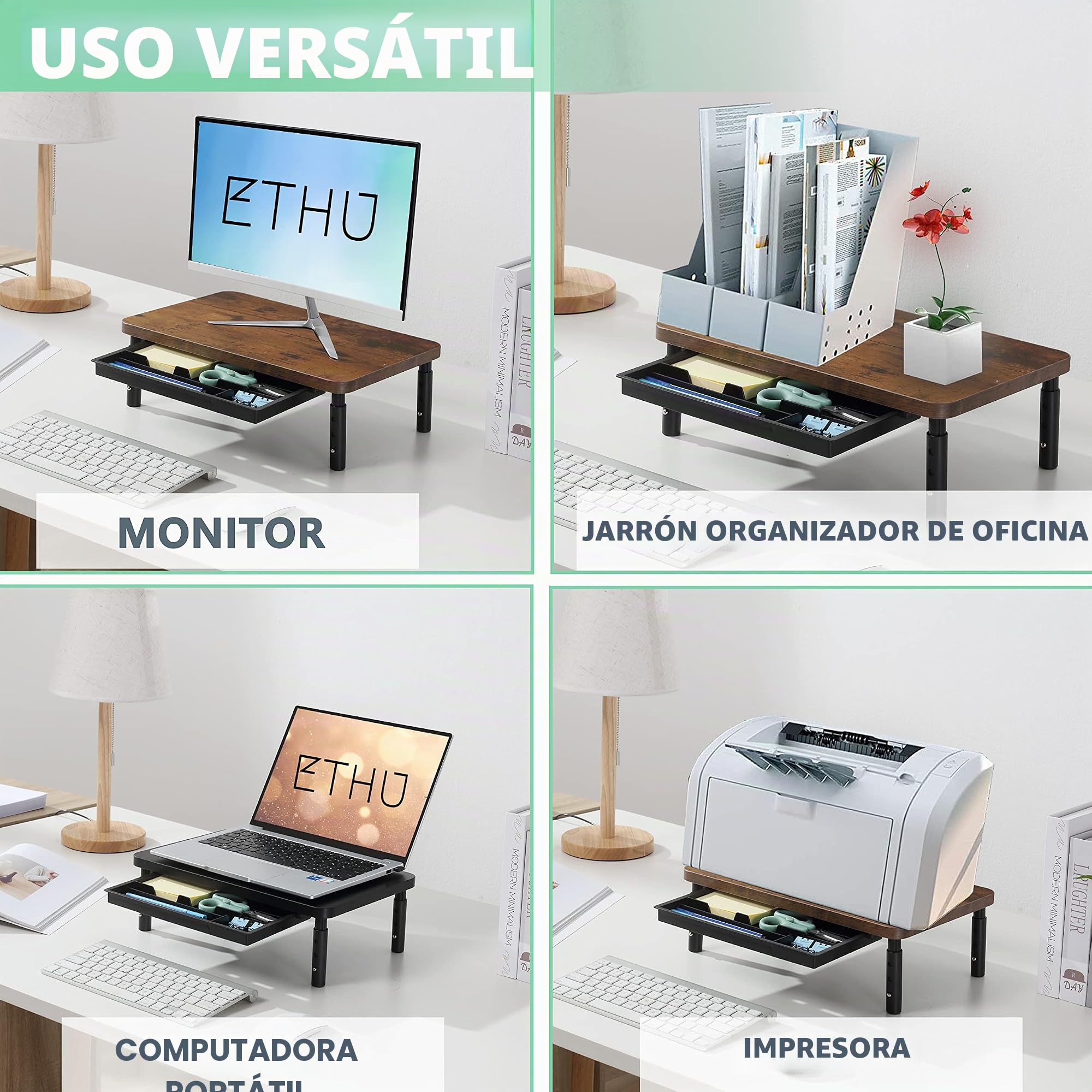 ETHU Soporte para monitor doble, elevador de doble monitor, ajustable, organizador con soporte para teléfono y cajón, accesorios de oficina, altura regulable