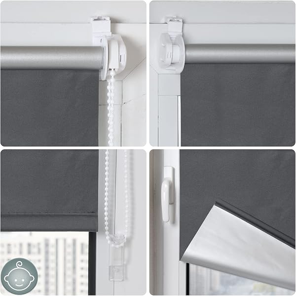 smartdemo Store Occultant sans Perçage, Store Enrouleur Opaque Thermique Isolant, Protection de Vie Privée & Protection Soleil, pour Fenêtre ou Porte, 40l x 170L cm, Gris Foncé - 5