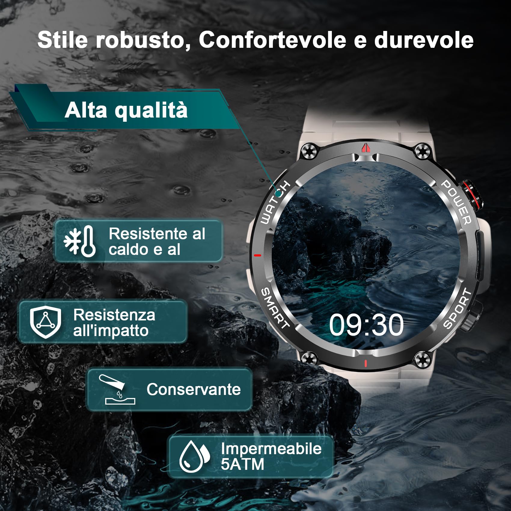 IOWODO Smartwatch Uomo,Orologio Fitness Chiamate Bluetooth,Smart Watch Militari Tracker con Cardiofrequenzimetro,SpO2, Monitoraggio del Sonno,100+ modalità Sport Compatibile Android con iOS