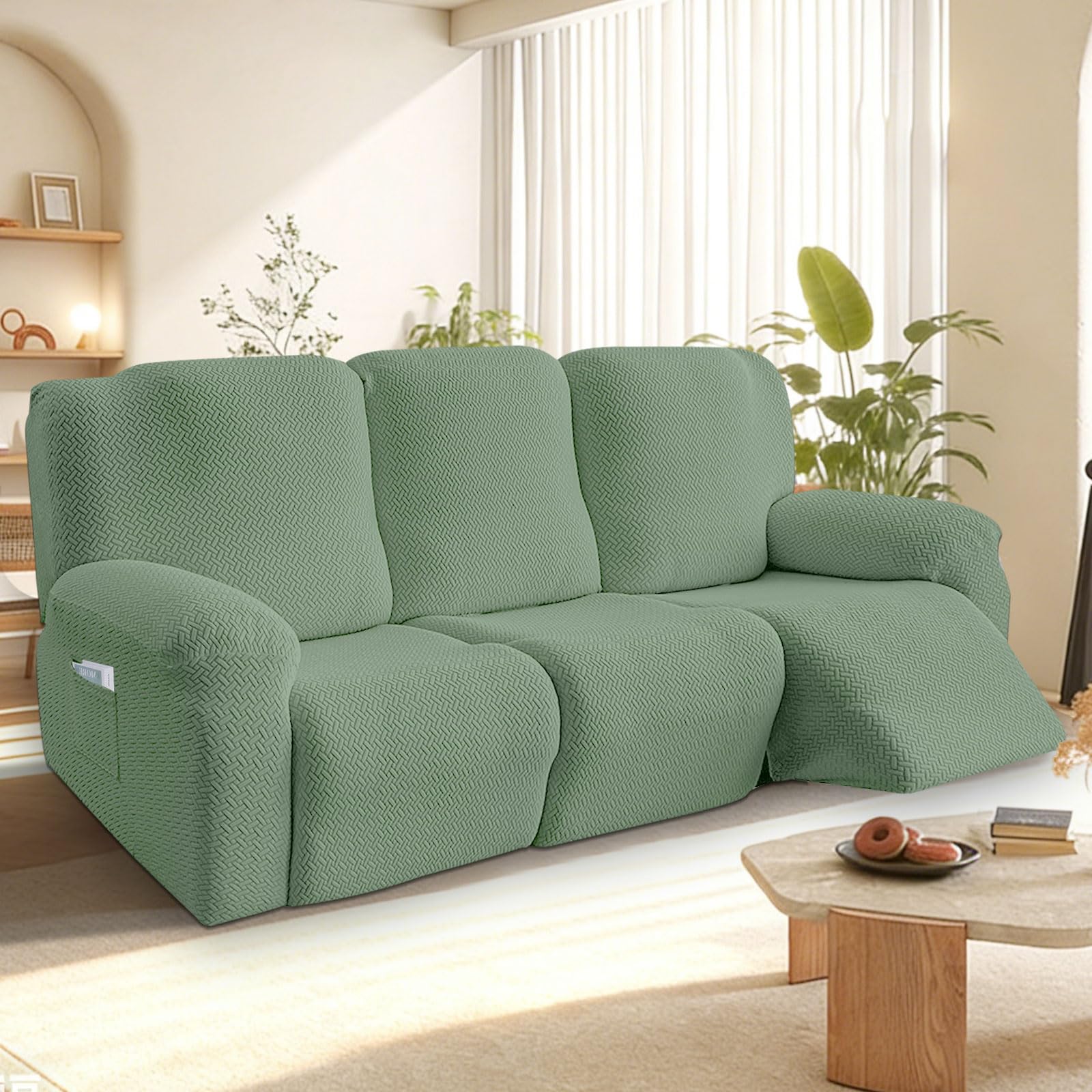 Bocguy Stretch Recliner Chair Cover, 8-Pieces Recliner Armchair Covers for Living Room Reclining Chair Slipcover with Side Pocket, High Spandex Slipcover/Lounge Cover, Slip Resistant