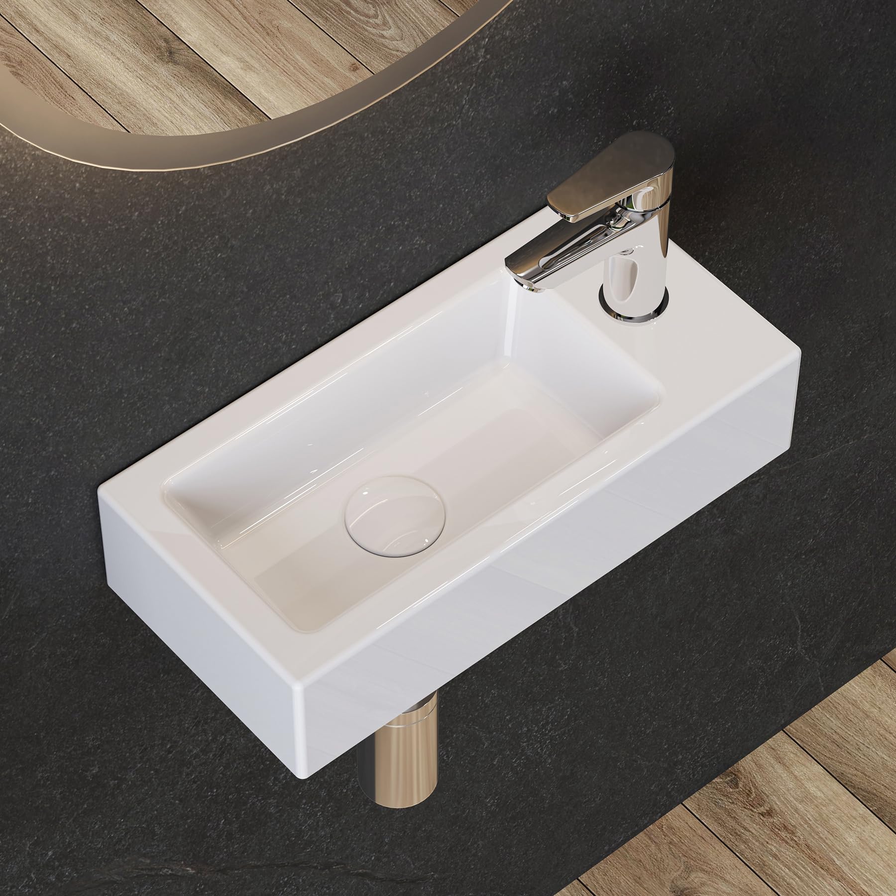 HOROW Lavabo colgante pequeño para invitados para baño, mini lavabo montado en la pared, lavabo rectangular, lavabo de mano con agujero para grifo a la derecha, blanco, 37 x 18 x 9 cm, sin desagüe