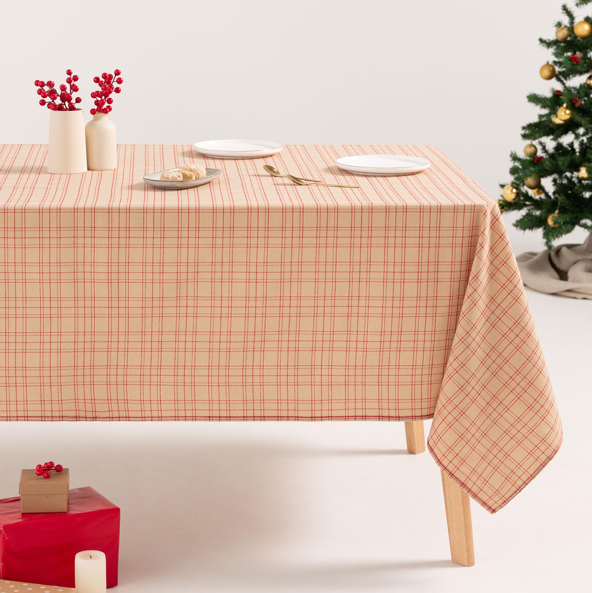 GAMUSI Tischdecke, rechteckig, Weihnachten, Stoff, Karomuster, Beige und Rotgoldgarn, Esstisch, Weihnachtsdekoration, 140 x 300 cm, Beige