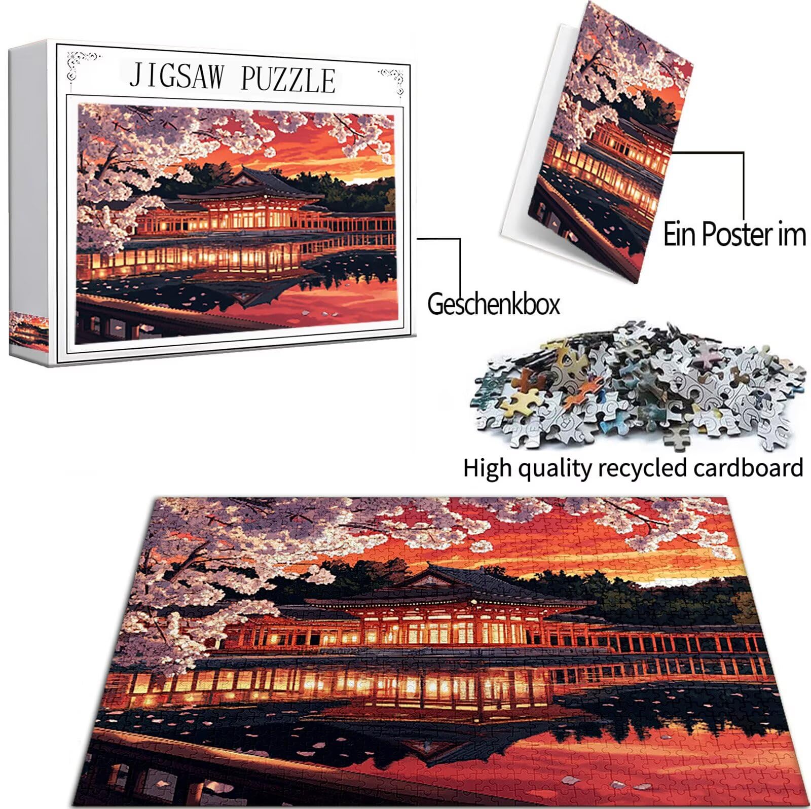 Kwiaty wiśni Puzzle 1000 sztuk dla dorosłych, Puzzle Japonia Wzór Projekt, Jigsaw Dorosły, 5D DIY Rzemiosło Rodzina Zajęcia z Pakowaniem Pudełka, Dekoracja ścienna do domu, 75x50cm, Model314