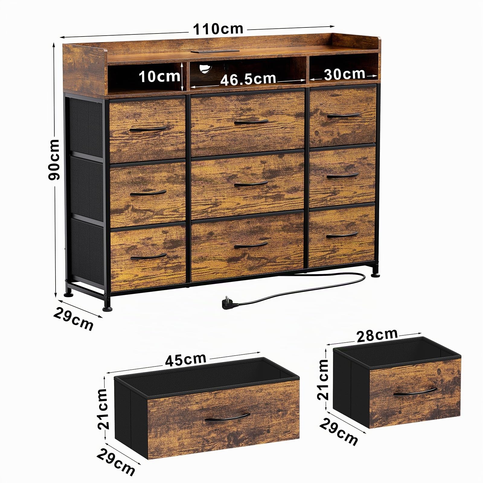Kommode mit Ladestation und LED-Beleuchtung, TV-Kommode mit 9 Stoffschublade, Aufbewahrungsschrank mit Holzplatte für Schlafzimmer, Wohnzimmer, Flur, Rustikbraun
