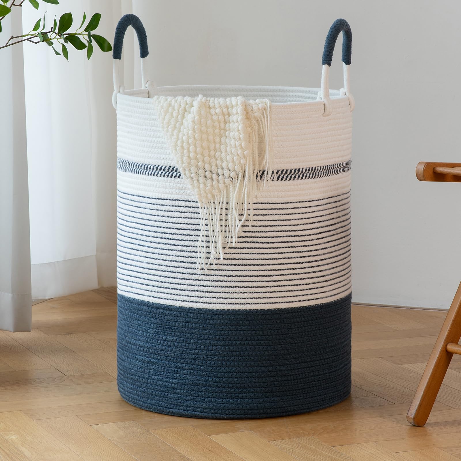 OIAHOMY72L Laundry Hamper，Laundry Basket with Cotton Rope Wrap Handle, Decorative Basket for Bedroom, Clothes Storage Basket for Blankets,16x22in-Gradient Army Blue