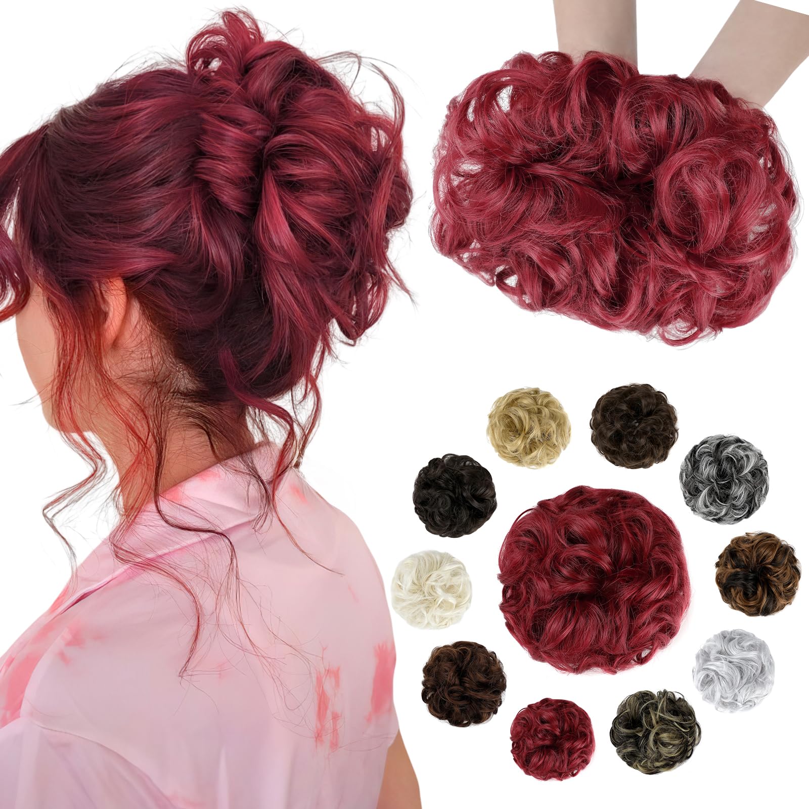 Soulwigger Messy Bun Hair Piece Wavy Curly Scrunchies Fluffy Donut Thick Updo Elegant Chignon Hairpieces for Women Girls, Dark Red 1.4oz