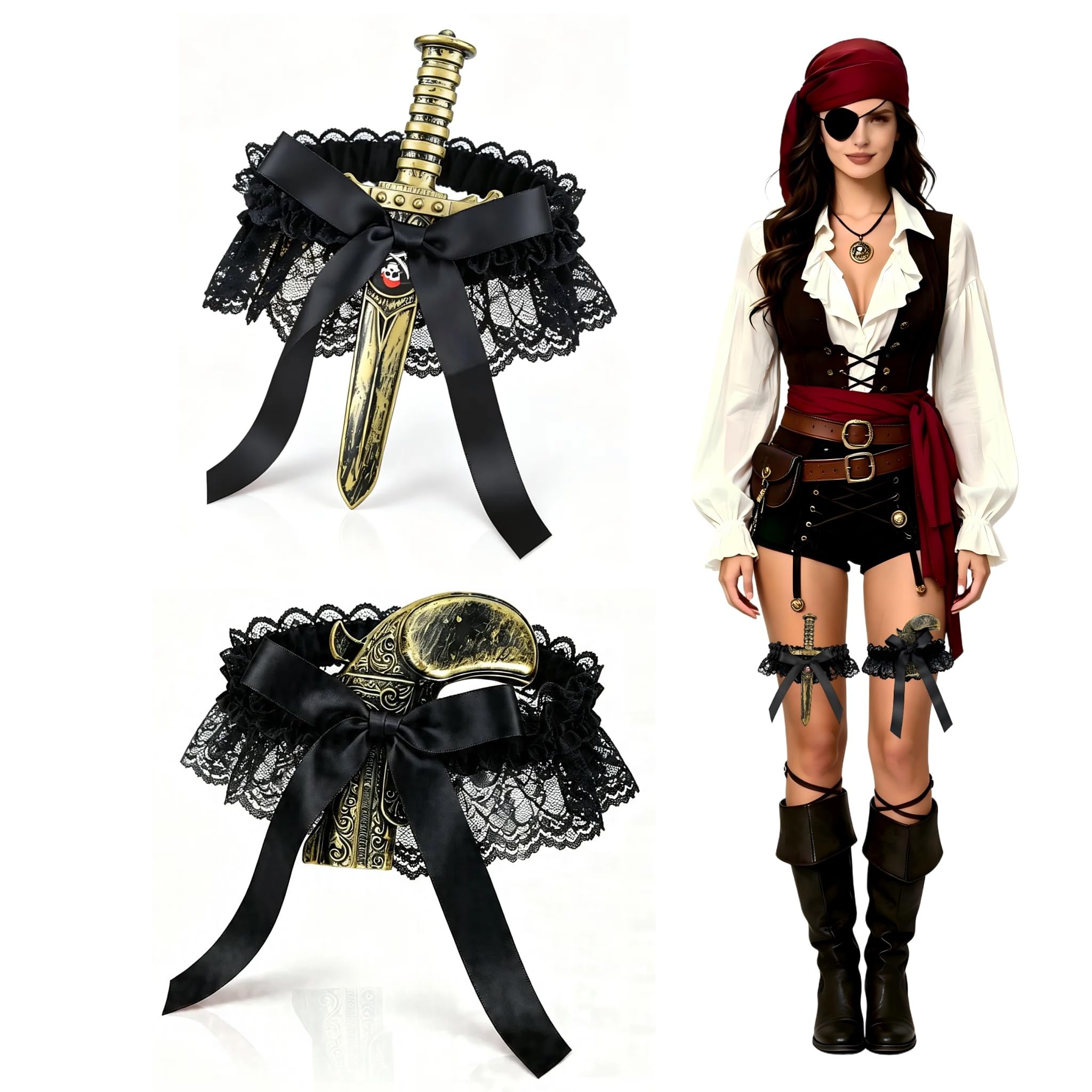 Pirate Costume Women, 2 Pack Black Lace Thigh Garter, Fake Plastic Sword Dagger Toy Gun Prop, Black Bow Decor, Sexy Adult Outfit Accessory, Halloween Carnival Cosplay, Stage Party Fancy Dress Props — image 1