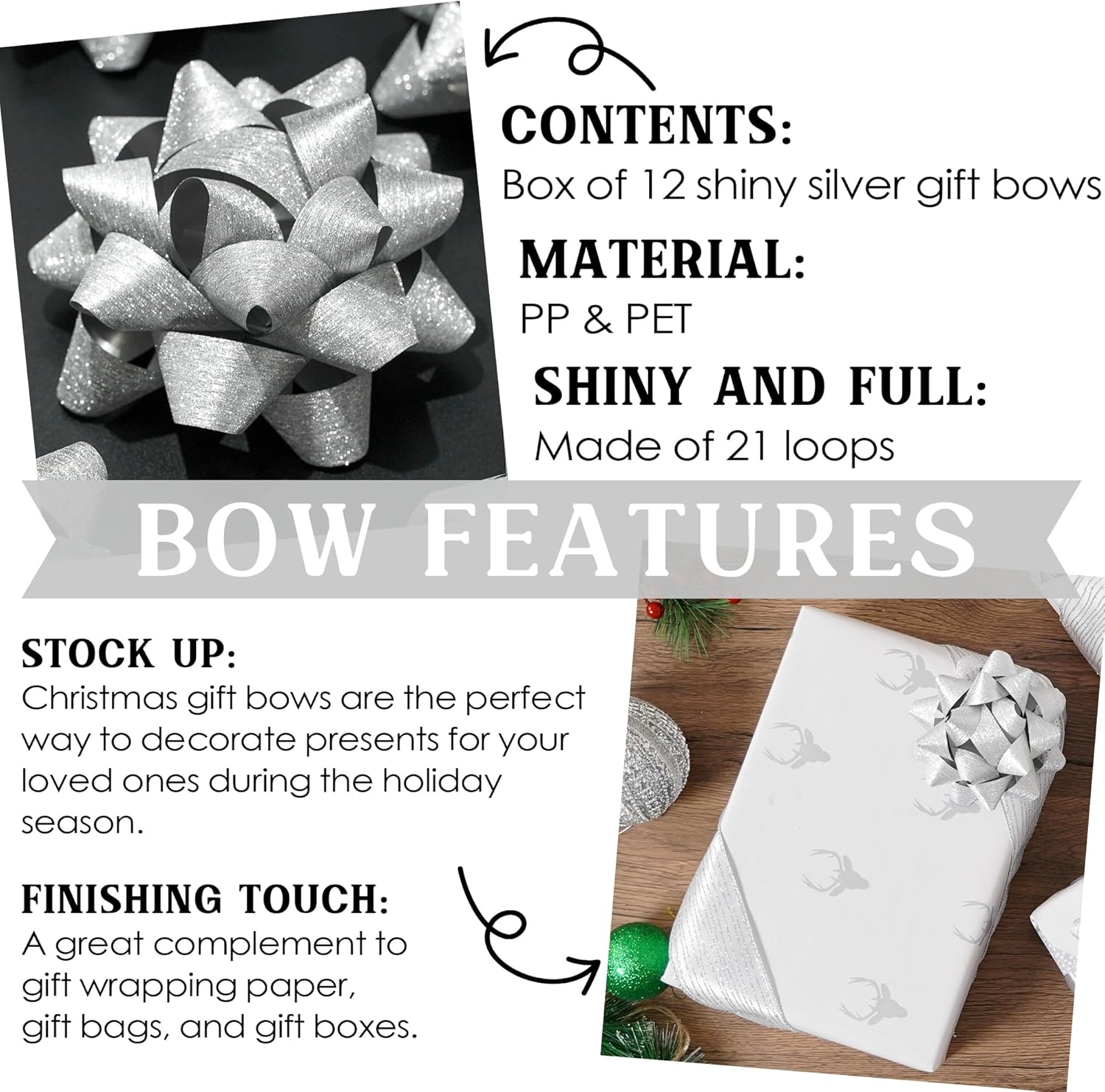 MEEDEE 4.5 inch Silver Linear Glitter Gift Bow Self Adhesive Bow for Holiday, Everyday, All-Occasion, Gift Wrapping Paper, Bags and Boxes Decorations (12 Counts) - Image 3