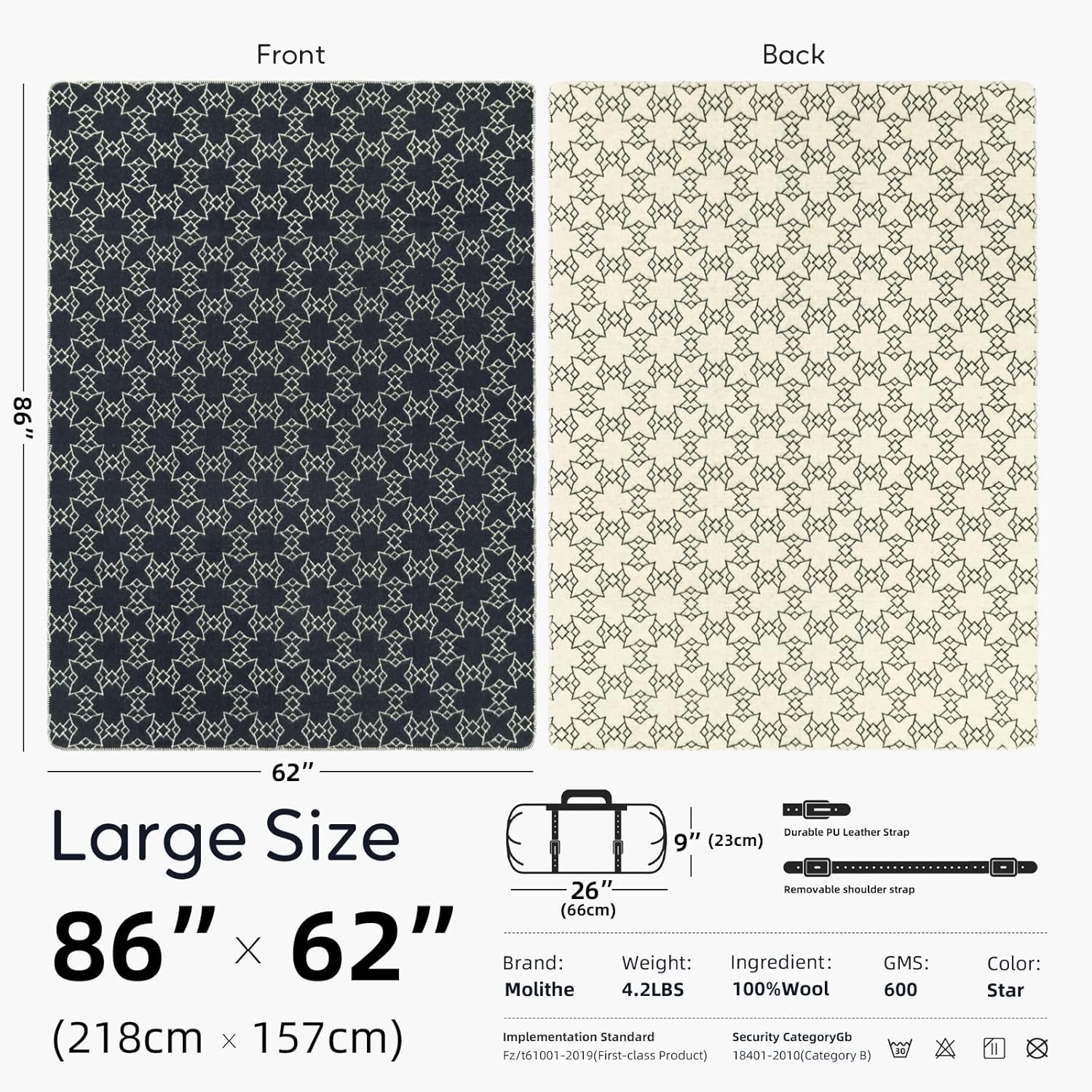 100% Wool Blanket, 62" x 86", Warm, Thick, Washable, Military Wool Blanket, Great for Camping, Outdoors, Sporting Events, Survival Kits Star - Image 6