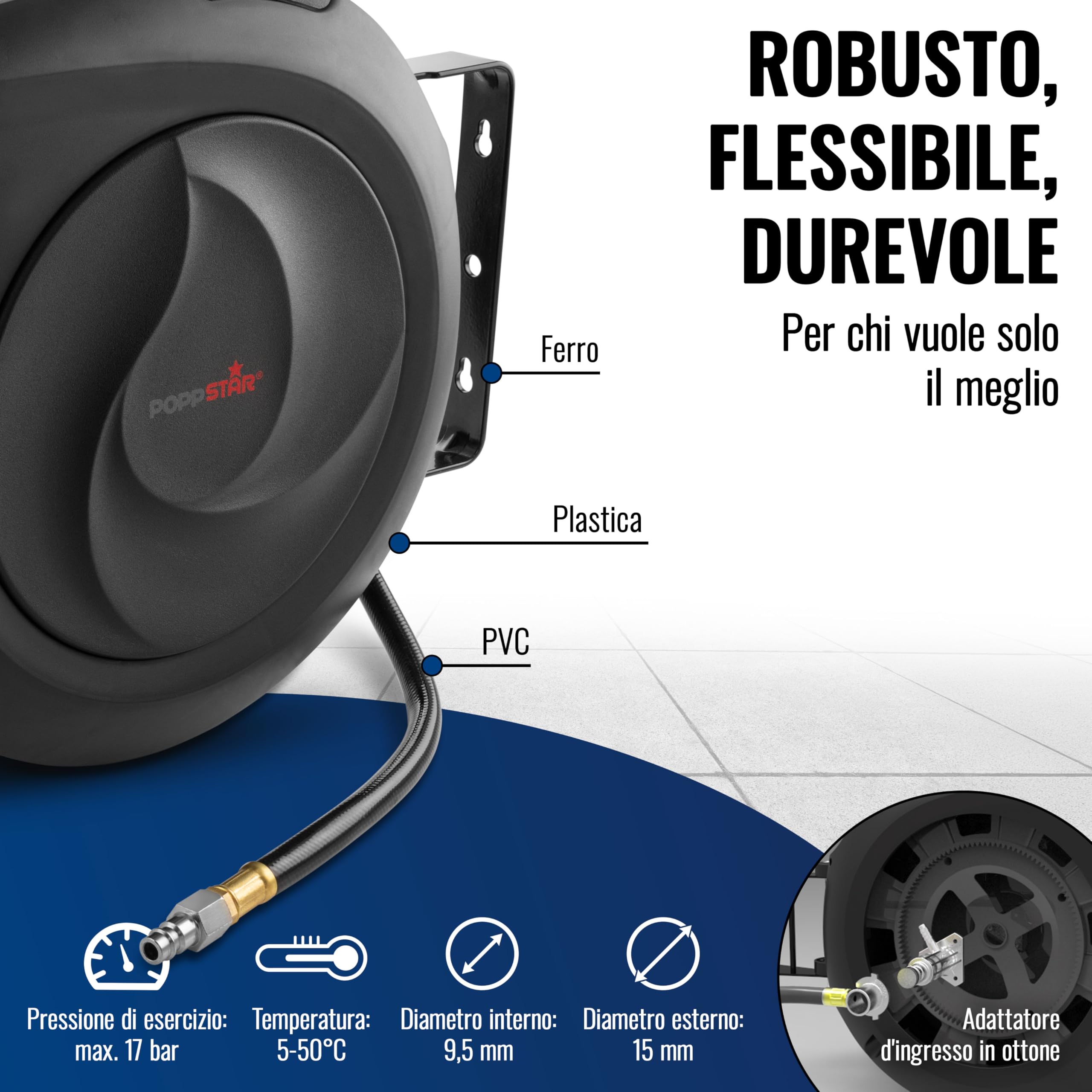 Poppstar Avvolgitubo per tubi ad aria compressa professionale (15m + 1m, diametro del tubo 3/8" (9,5 x 15 mm)), connessione 1/4" BSPT giunto rapido, con riavvolgitore automatico e auto-stop