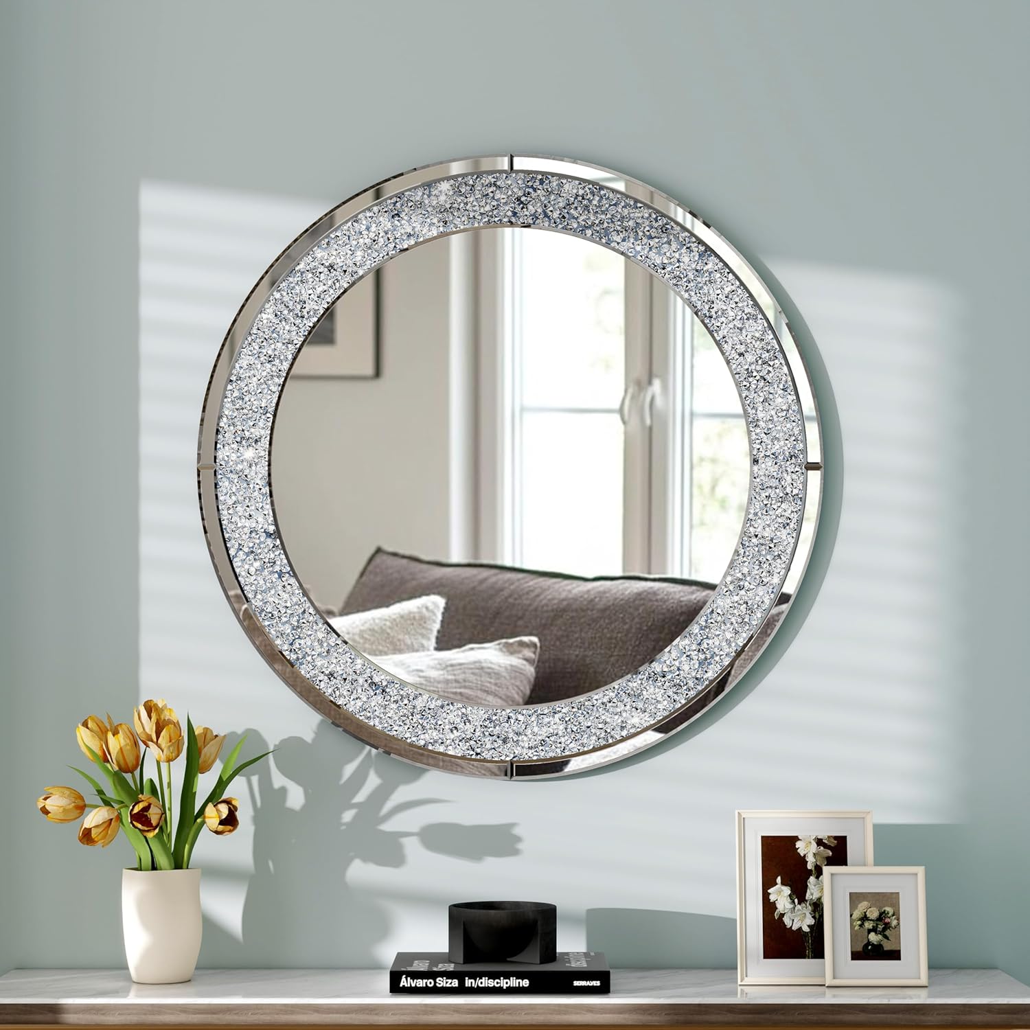 SHYFOY 32" Round Large Wall Mirror for Living Room Wall Decor- Diamond Decorative Mirrors Crystal Silver Wall Decor, Modern Home Decor