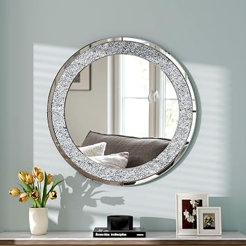 SHYFOY 32" Round Large Wall Mirror for Living Room Wall Decor- Diamond Decorative Mirrors Crystal Silver Wall Decor, Modern Home Decor
