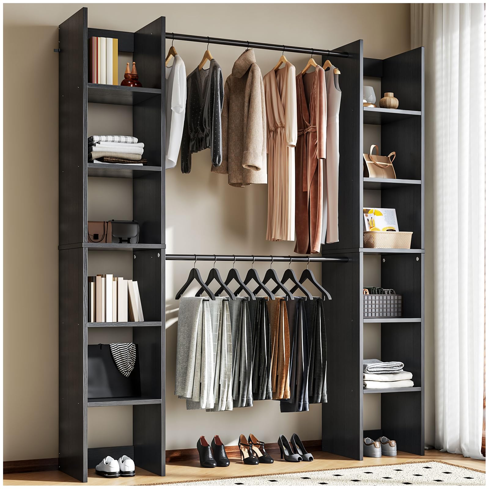 Simple Wisdom Perchero para Ropa, Armario armable para Ropa,Armario para Ropa con Dos Filas de Compartimentos de Almacenamiento,155 x 30 x 181 cm (Negro)