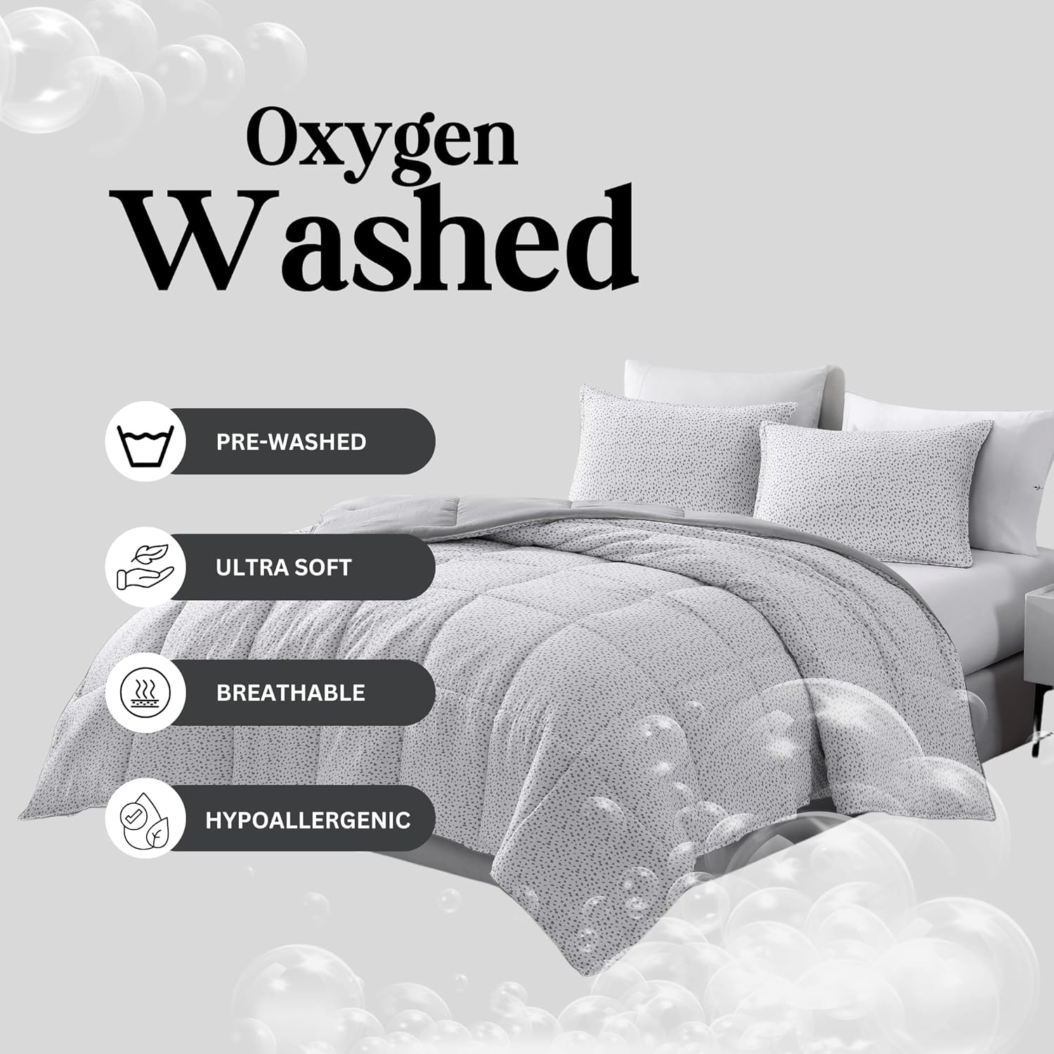 Casa Platino Pre-Washed Comforter Set - King Size Duvet Insert, Hydro-Brushed Microfiber Comforter & 2 Pillow Shams - White Base Grey Dot