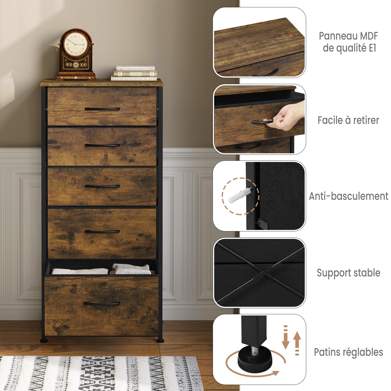 WOLTU Commode, Meuble de Rangement, avec 5 Tiroirs en Tissu, en MDF Cadre en métal, Marron Rustique, Style Industriel Vintage, SSK004hov