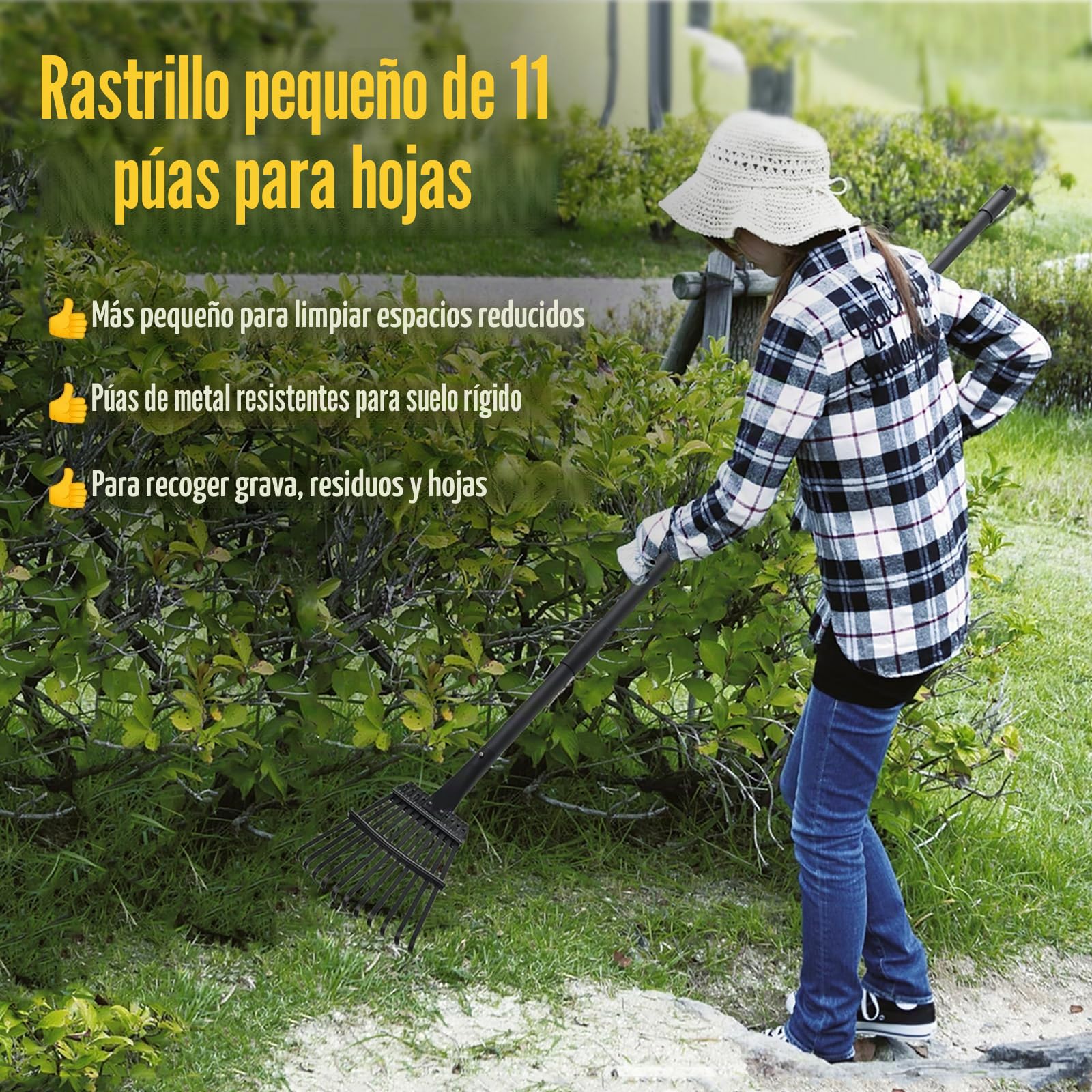 Rastrillo de Jardin pequeño con Mango Ajustable de 160 cm, rastrillo de Mano de Metal Resistente de 11 púas rastrillo de Hojas de jardín para Recoger Hojas, arbustos, matas