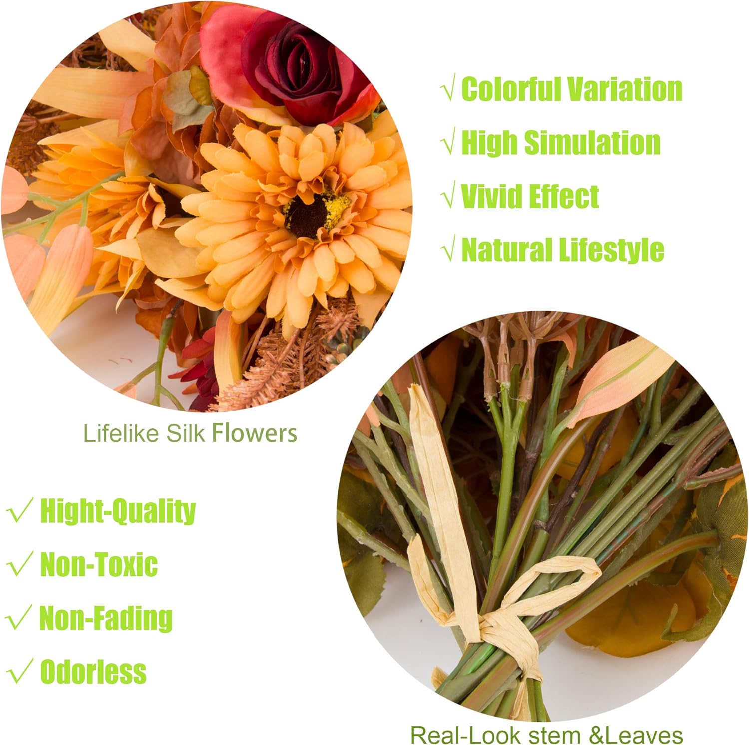 2pcs Boho Style Artificial Flower Bouquets,17 Inch Bohemian Style Fall Flower Wedding Bouquets for Bridal Bridesmaid,Rustic Home Décor Centerpiece(Orange Color Scheme)