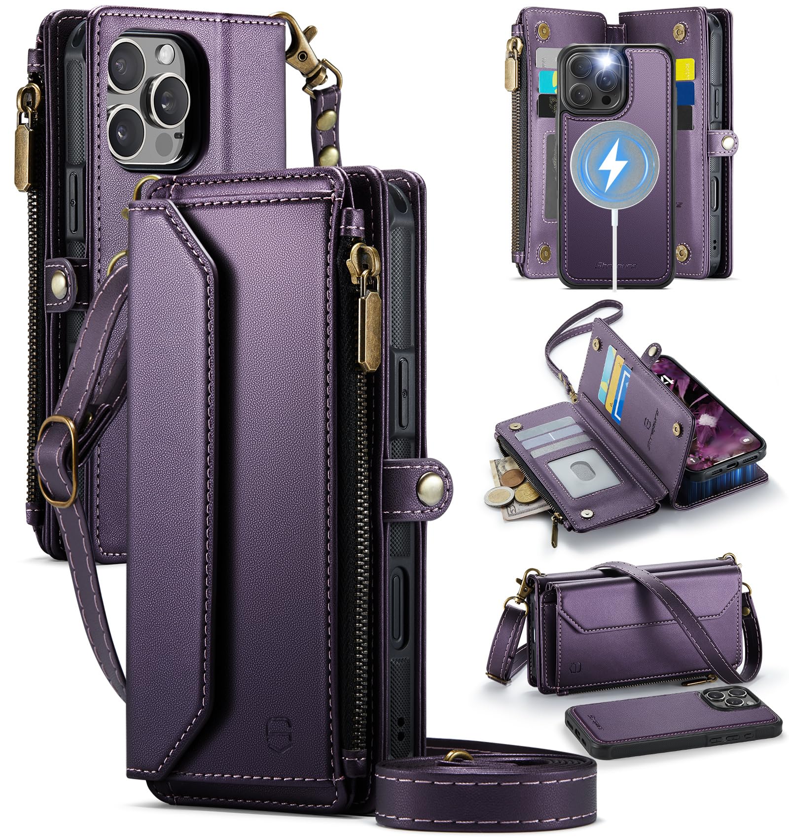 Photo 1 of Strapurs for iPhone 16 Pro Max Detachable Wallet Case Compatible with Magsafe, RFID Blocking 9-Card Holder Zipper Strap Lanyard PU Leather Magnetic Phone Case for iPhone 16 Pro Max 6.9", Purple
