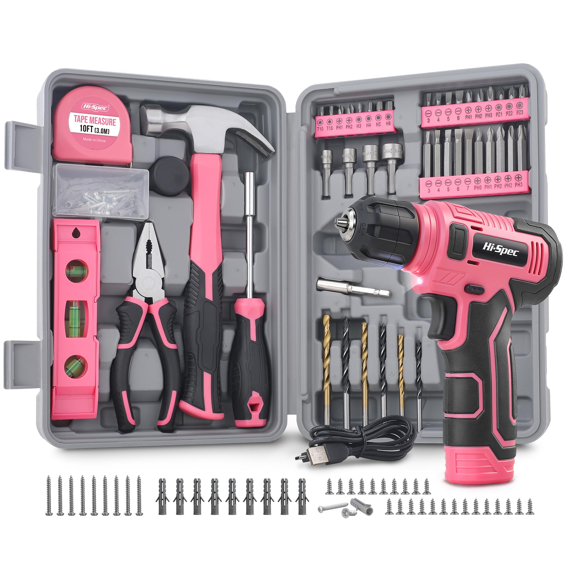 Hi-Spec 8V Cordless Drill Set & Tool Kit for Women – Ladies Complete Rechargeable Electric Power Drill Driver with Starter Tools, Compact Hand Toolbox