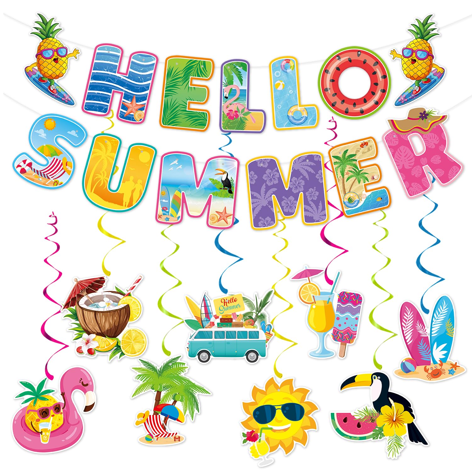 Hawaiian Luau Summer-Pool Party-Decorations Supplies - 10pcs Hello Banner,Outdoor Beach Theme Tissue Streamers Garland,Aloha Flamingo Hanging Swirl,Tropical Backdrop Office Tiki Decor Burgleda