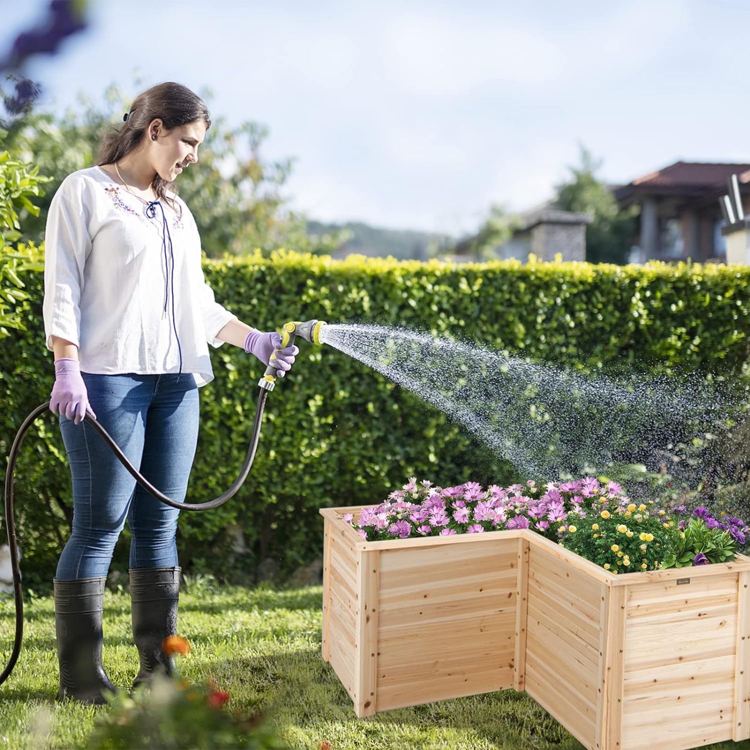 GOPLUS Carré Potager en Bois Haut, Jardinière en Forme de L avec Base Ouverte pour Légumes, Fruits, Fleurs, 120 x 120 x 63 CM, Bac Potager Extérieur pour Balcon, Terrasse, Jardin (Naturel)