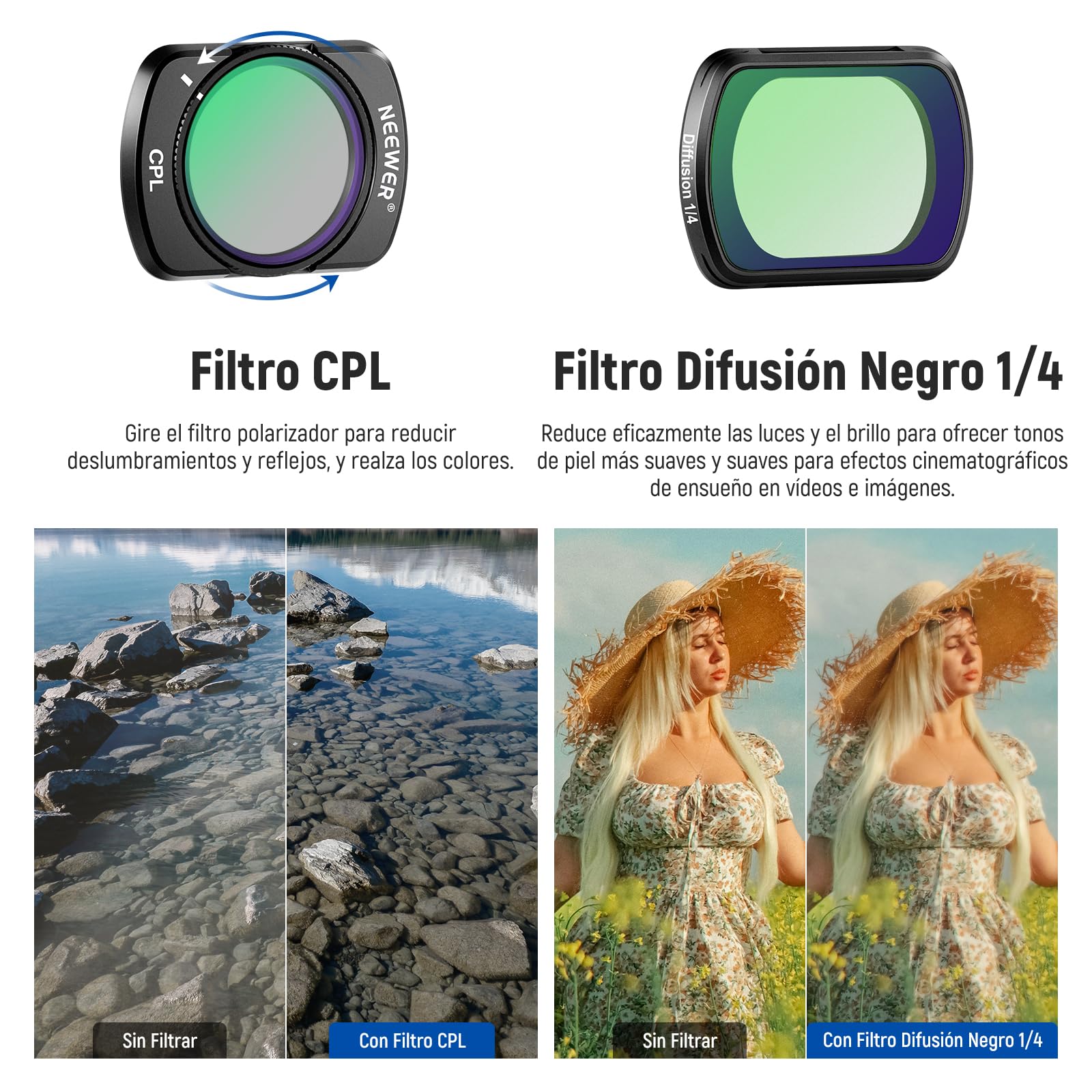 NEEWER Juego de Filtros con Lente Gran Angular 0,75X 108° FOV, Filtro de Difusión Negro ND 2-32 CPL 1/4 Variable Compatible con dji Osmo Pocket 3 / Pocket 4 / Xtra Muse Accesorios, FL-B09