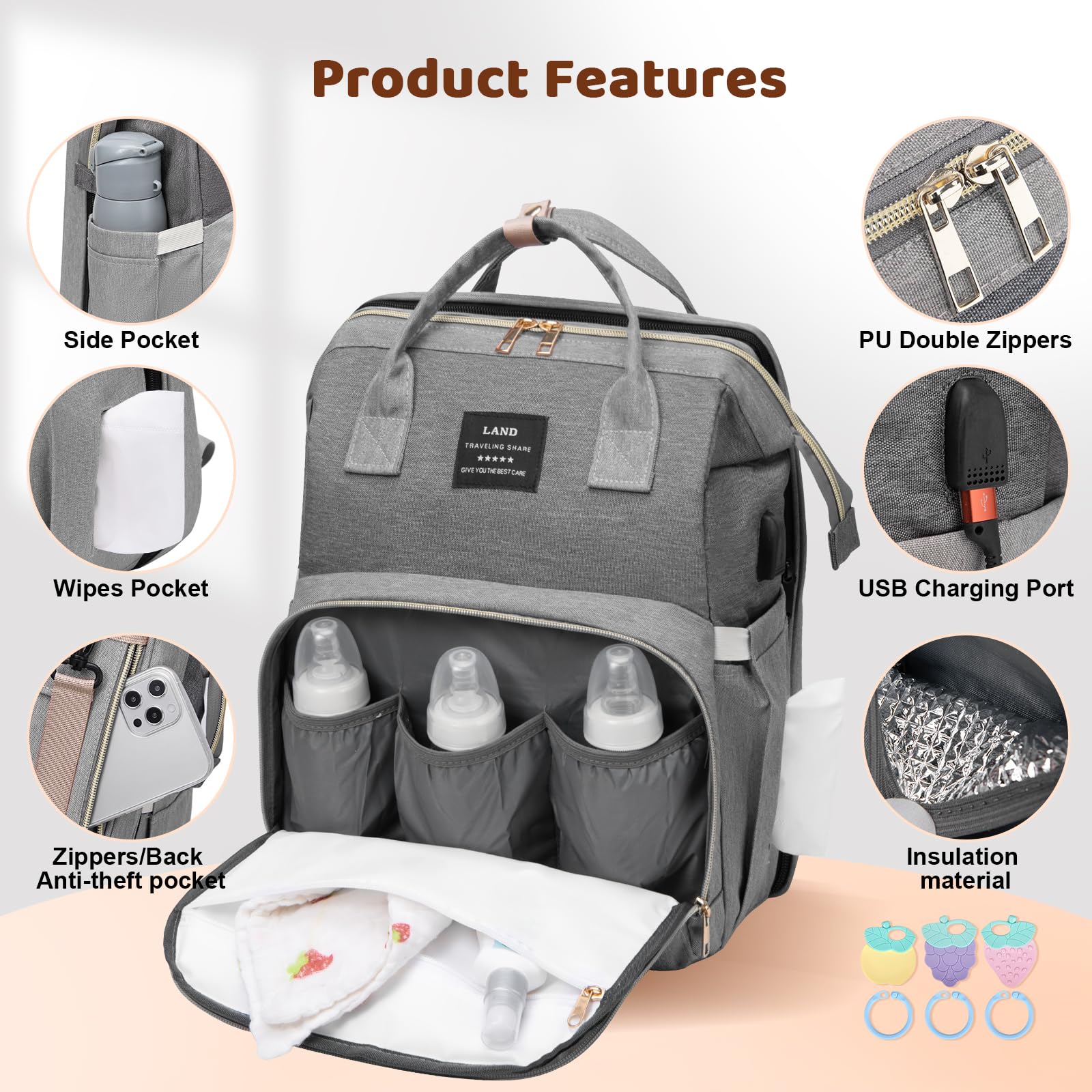 Sac à Dos à Langer pour Bébé, 35L Grande Capacité Sac de Maternité, Sac de Voyage avec Lit de Bébé Portable, Sac à Couches Multifonction avec Serviettes Urinaires et Moustiquaires de Poussette
