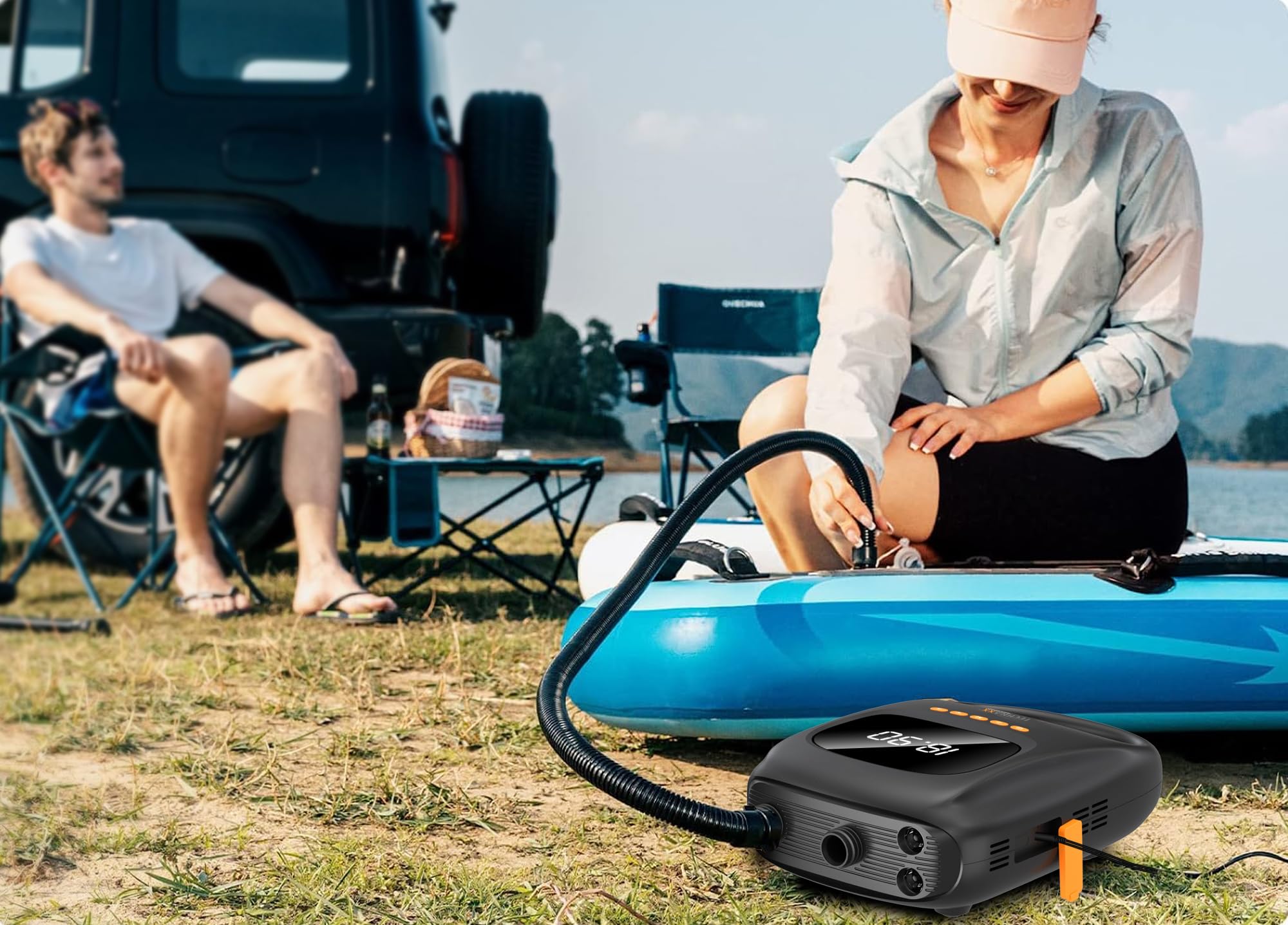 Technaxx SUP Pumpe Elektrisch Akku 20 PSI, Kabellose Luftpumpe für Stand Up Paddle Board, Kajak, Schlauchboot & Luftzelt, Digitaldisplay, Auto-Off, 7500 mAh Powerbank, 6 Düsen - TX-266