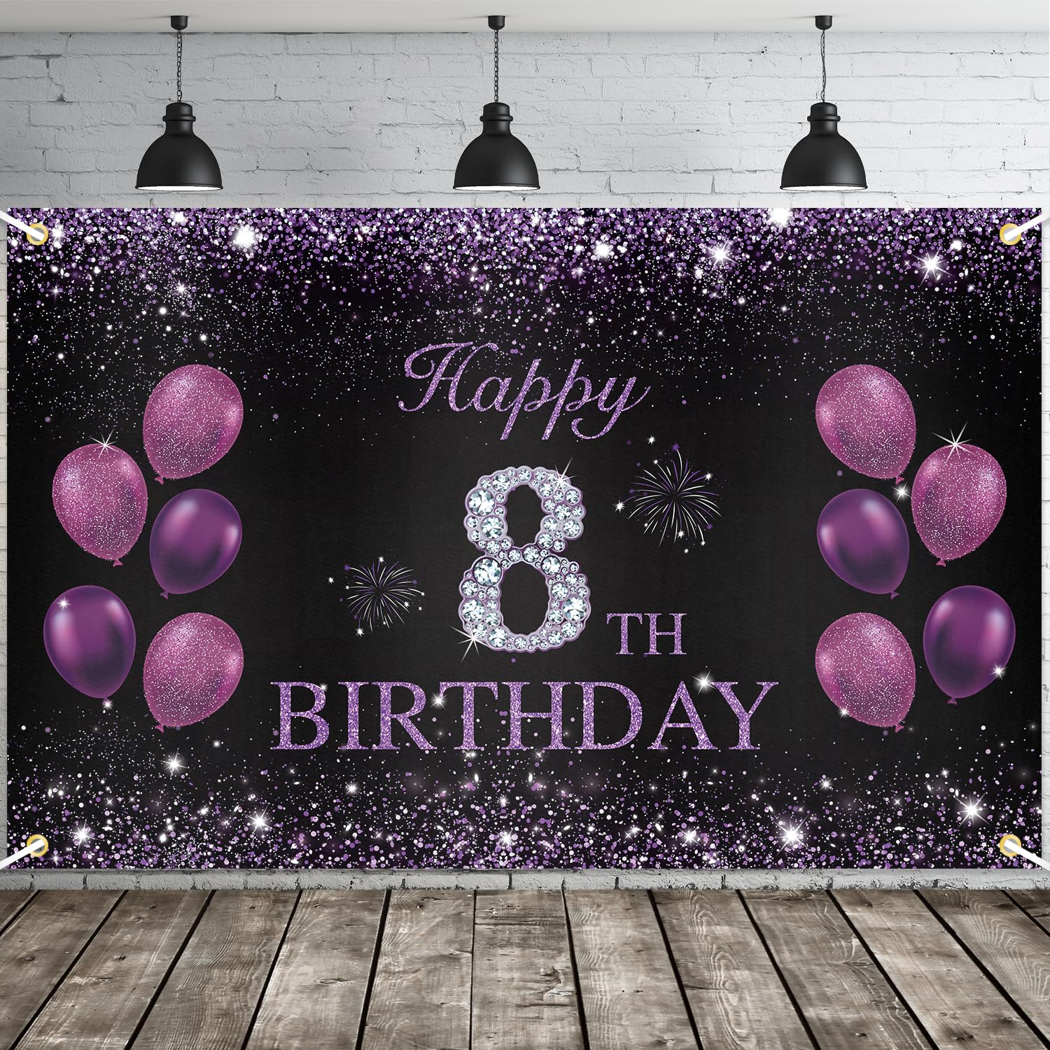 JOYKY Happy 8th Birthday Banner, Purple Party Decorations for Girls, 8 Year Old Backdrop Décor Supplies, 5.9 X 3.8 Fts — image 1