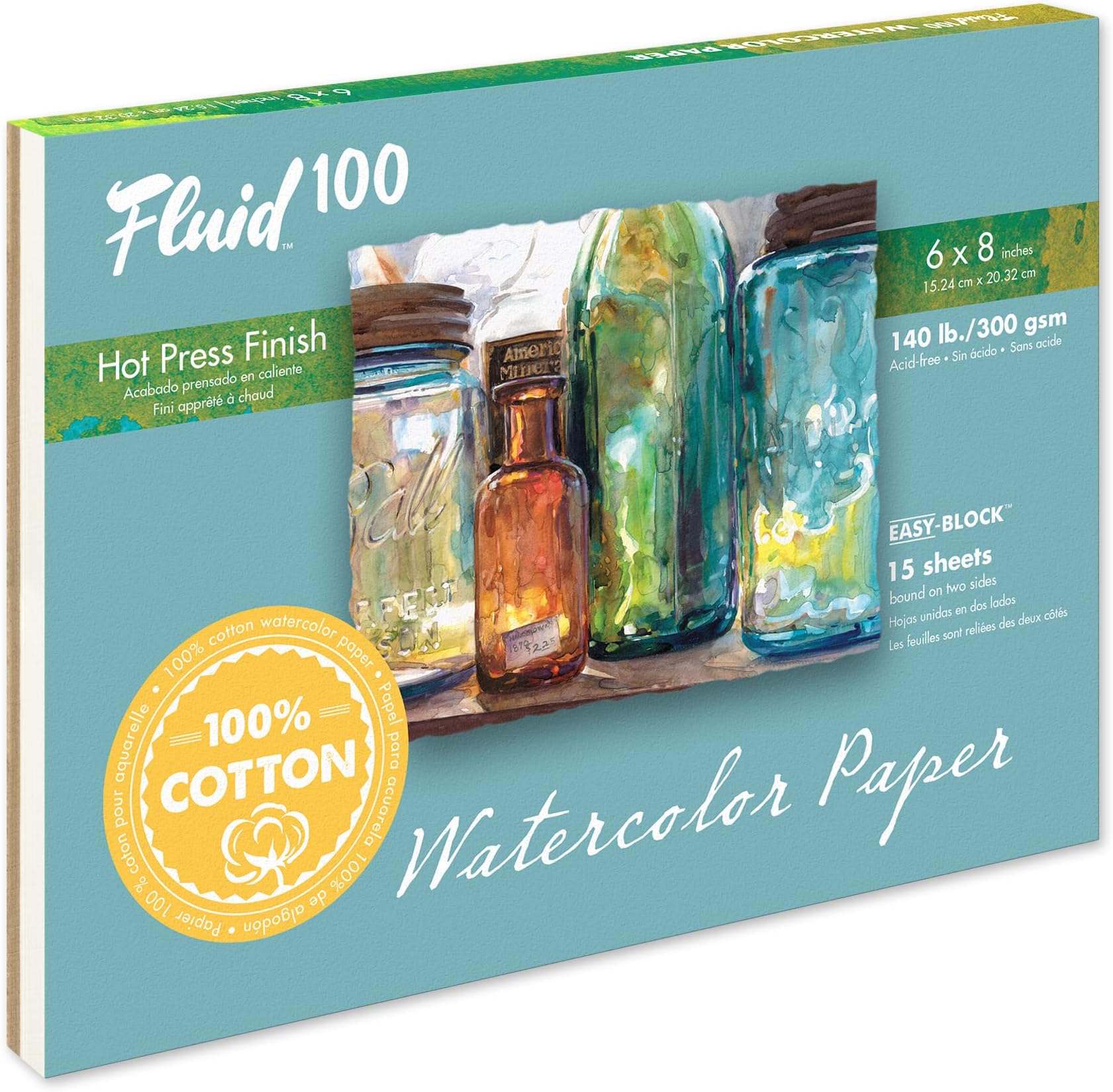 Fluid 100 Watercolor Paper Block, 6 x 8 inches, 15 Sheets, 140 lb (300 GSM) 100% Cotton Hot Press Pad for Artist Painting and Wet Media