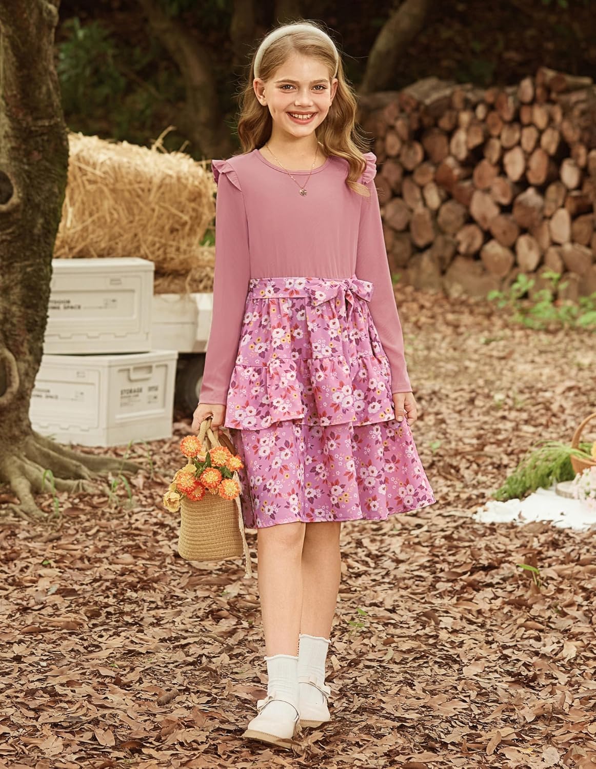 GRACE KARIN Girls Fall Long Sleeve Dresses Girl Floral Midi Dress Kids Casual Holiday Dresses with Belt Size 6-13 - Image 5