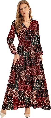CYiNu Long Sleeve Maxi Dress for Women Chiffon V Neck Boho Floral Long Dress(Spl