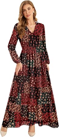 CYiNu Womens Long Sleeve Maxi Dress Chiffon Floral V Neck Flowy Long Dress