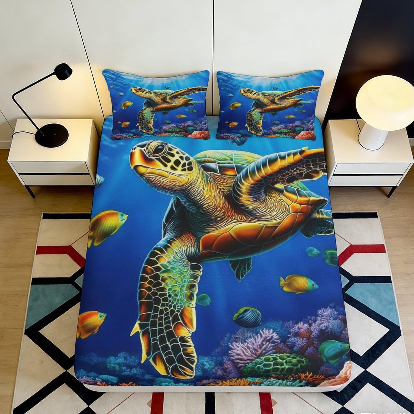 3D Printed Sea Turtle Ocean Fitted Sheet Microfiber Soft Mattress Cover Blue for Bedroom Guest Room Decor 90x200x25cm