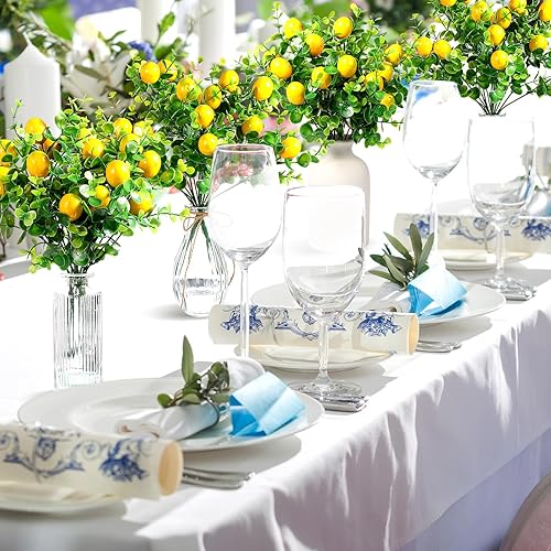 Miniatura 4 de Tigeen Paquete de 12 limones para decoración, ramas de limón falsas, color amarillo vivo artificial, centros de mesa para cocina, frutas y troncos