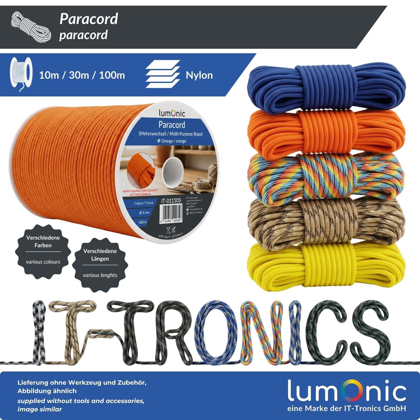 Lumonic 10m Paracord 4mm Amarillo fluorescente | 100% nailon | 7 núcleos, funda de 32 filamentos | Capacidad de carga máx. 250 kg | correa para perro, pulsera, outdoor, bushcraft, cuerda para tienda d