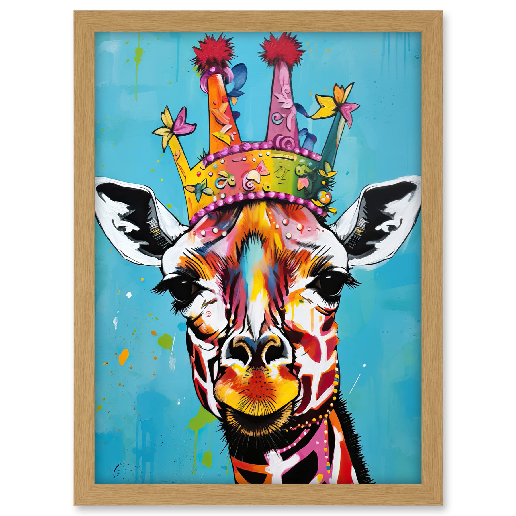 Artery8 Giraffe Wearing Princess Crown Modern Folk Art Artwork Framed A3 Wall Art Print