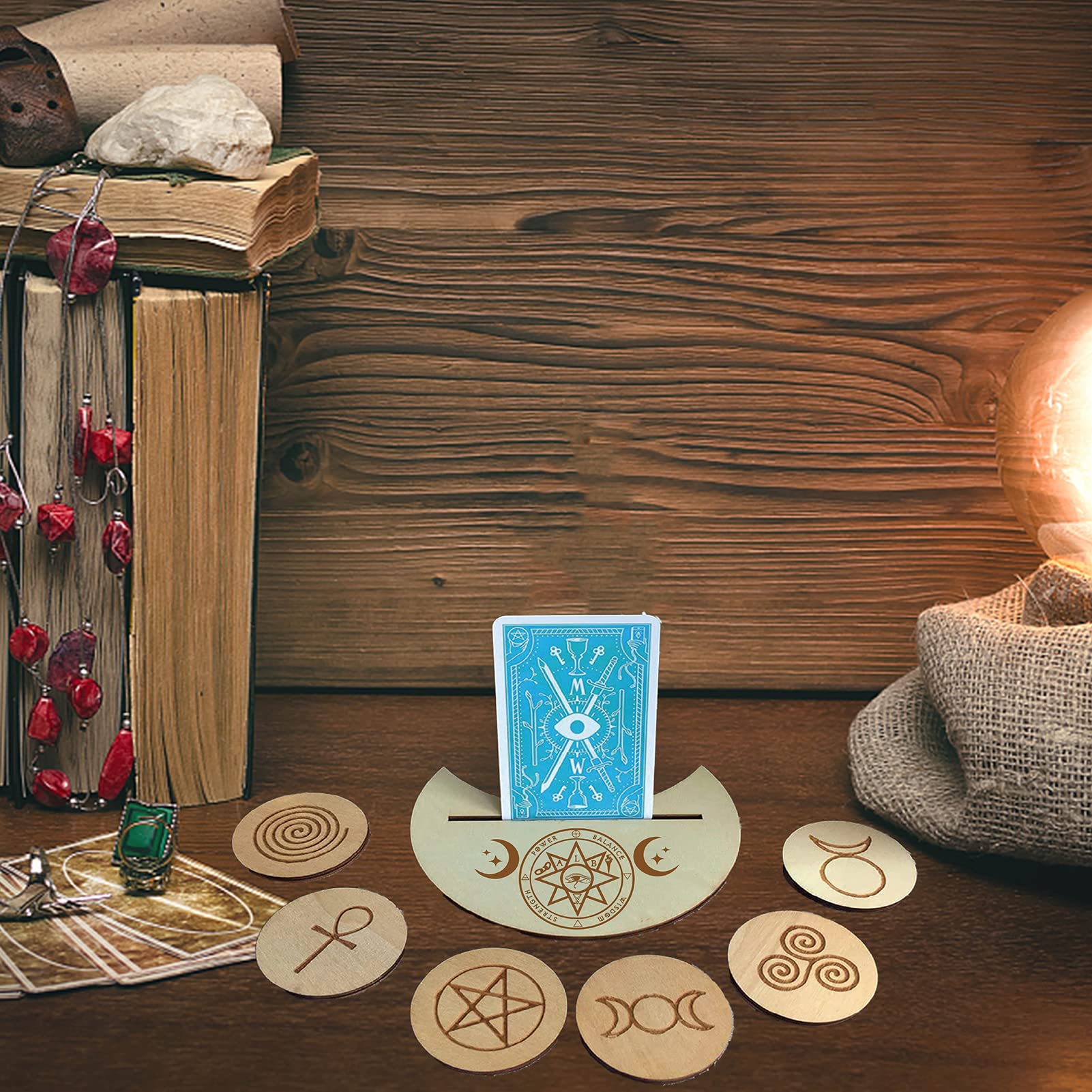 Tarotkartenhalter Aus Holz | Mit Mondphasen-Rillen Für Kristalle & Kerzen | Altar-Deko Für Wicca & Wahrsagerei