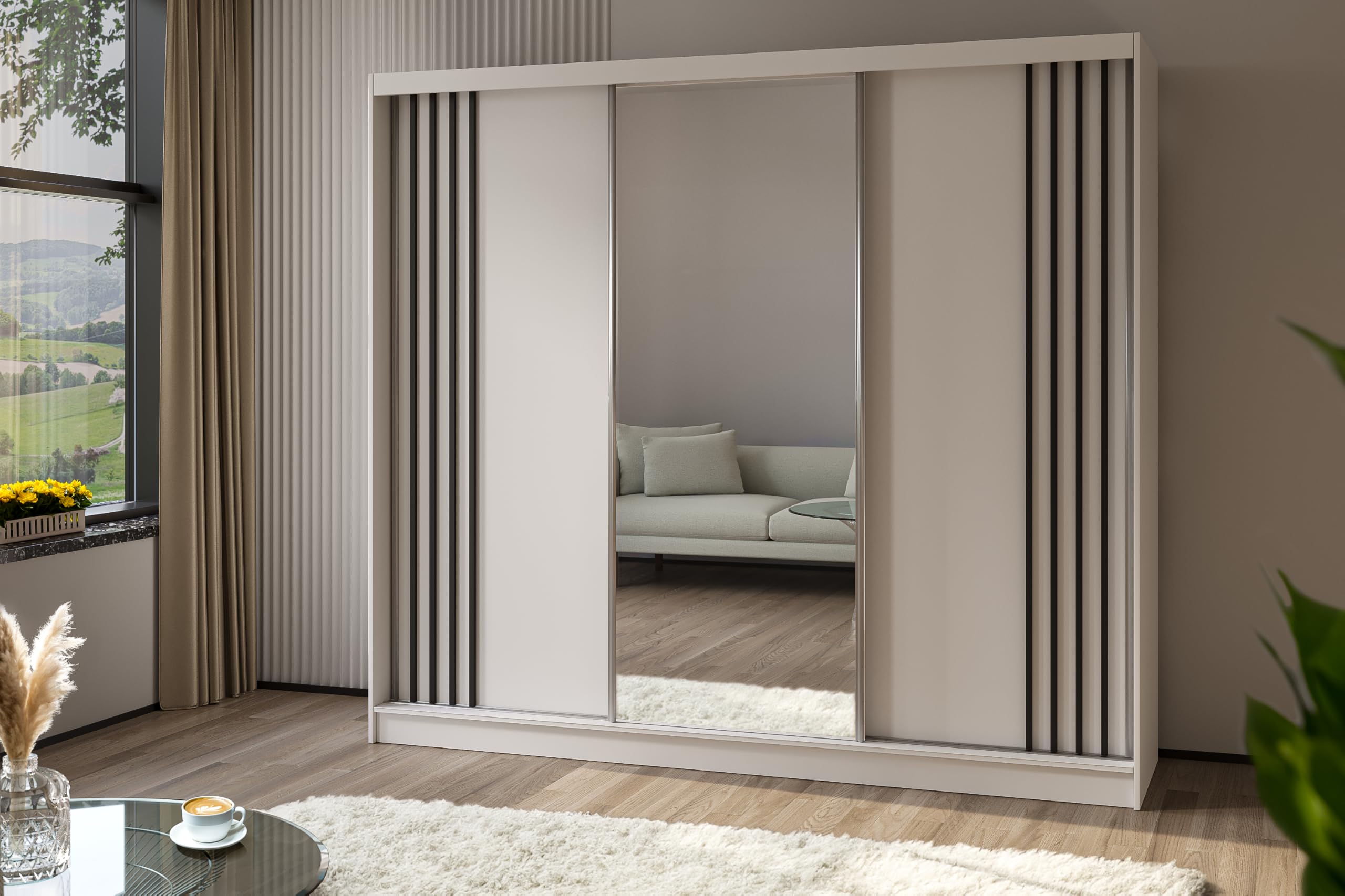 Kleiderschrank mit Lamellen und Spiegel, Organizer, Mehrzweckschrank, Schwebetürenschrank, Garderobenschrank, Kleiderstange, Kleiderständer, Flurschrank, 240 cm, weiß, schwarz