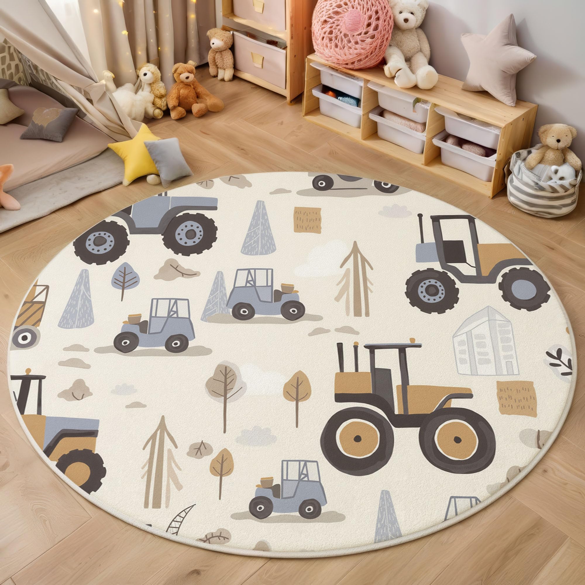 Tappeto Rotondo Stile Di Illustrazione Per Bambini, Tappeto Stampa Veicoli Da Costruzione Forestali Flanella Morbido, Tappeti Marrone Salotto Antiscivolo Lavabile, per Camera Bambini Cameretta 150cm