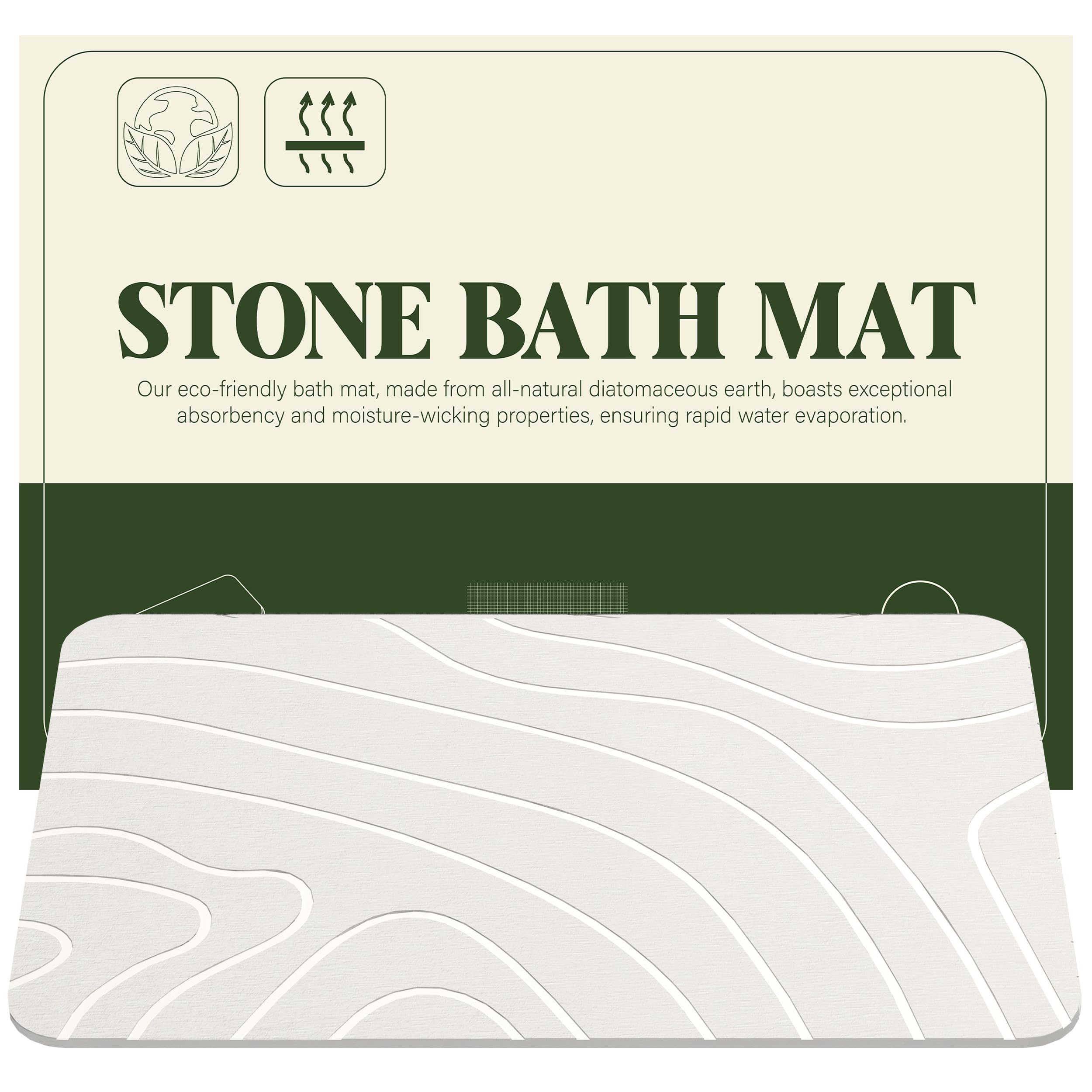 GMFINE Stone Bath Mat, Diatomaceous Earth Bath Mat Bathmat, Non Slip Super Absorbent Quick Drying Diatomite Stone Bath Shower Mat for Bathroom, 23" x 15", White (Line)