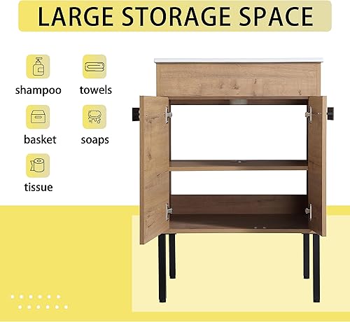 Miniatura 4 de Vanidad de baño de 24 pulgadas con fregadero, tocador de baño independiente de 24 pulgadas, juego de gabinete marrón con soporte de suelo