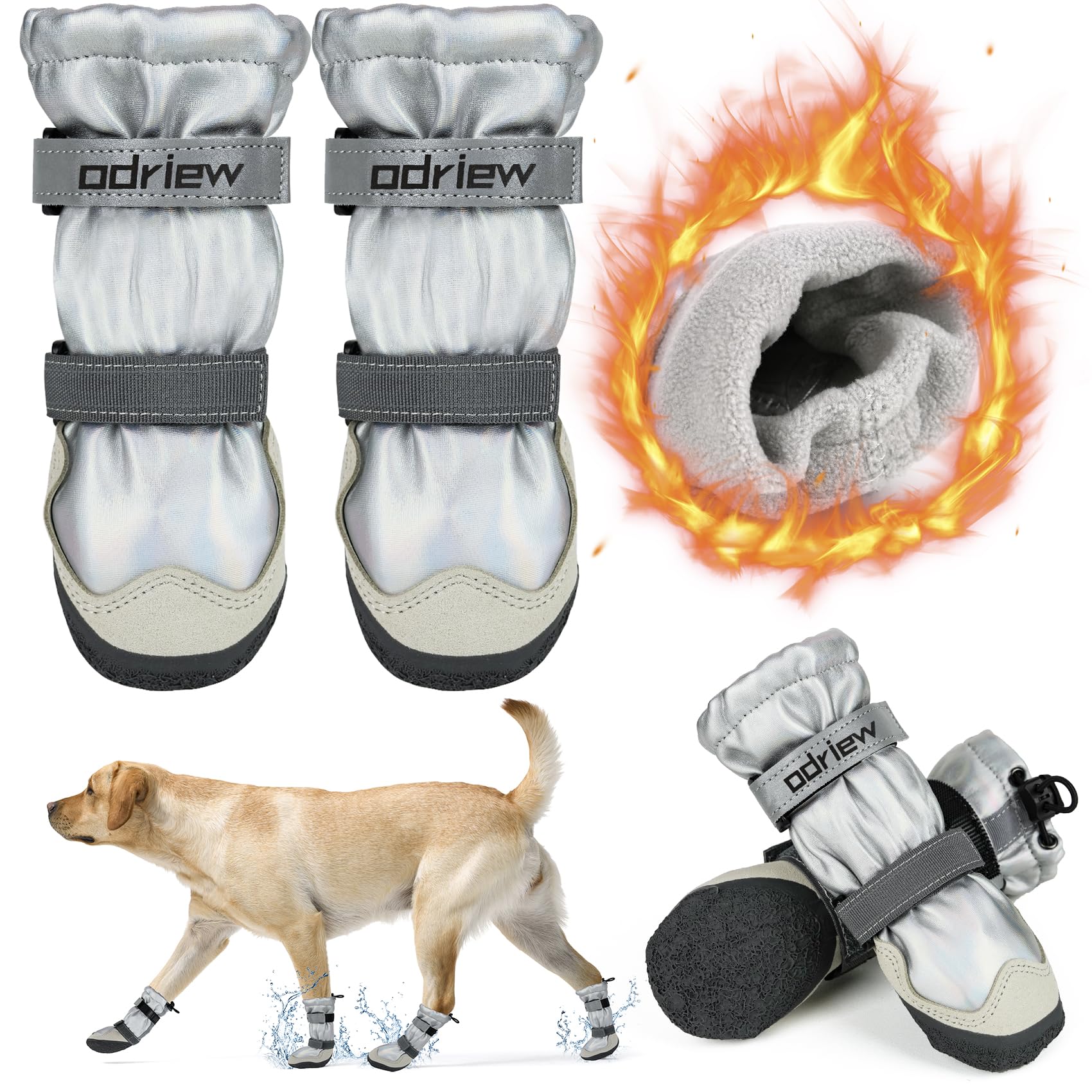 ODRIEW Dog Shoes Large Size Dogs, 4PCS Waterproof Dog Booties-Dog Boots & Paw Protectors, Medium Shoes for Dogs with Reflective Strip, Anti-Slip Sole