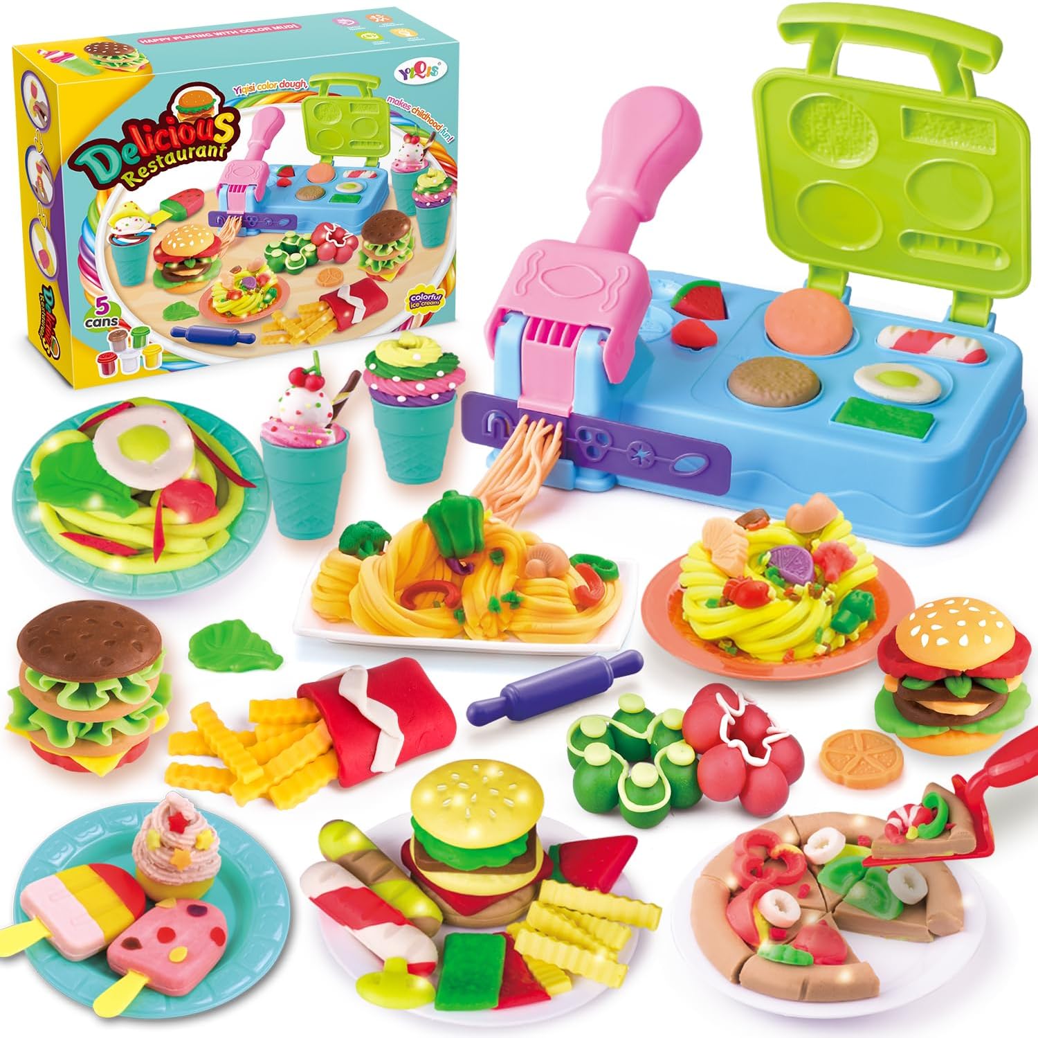 YiQis Kitchen Creations Appliance Set,Color Dough Sets for Kids Ages 4-8,Burger Barbecue Play Food Modeling Dough Toys,21 Play Kitchen Accessories,5 Cans 2 oz Dough Colors