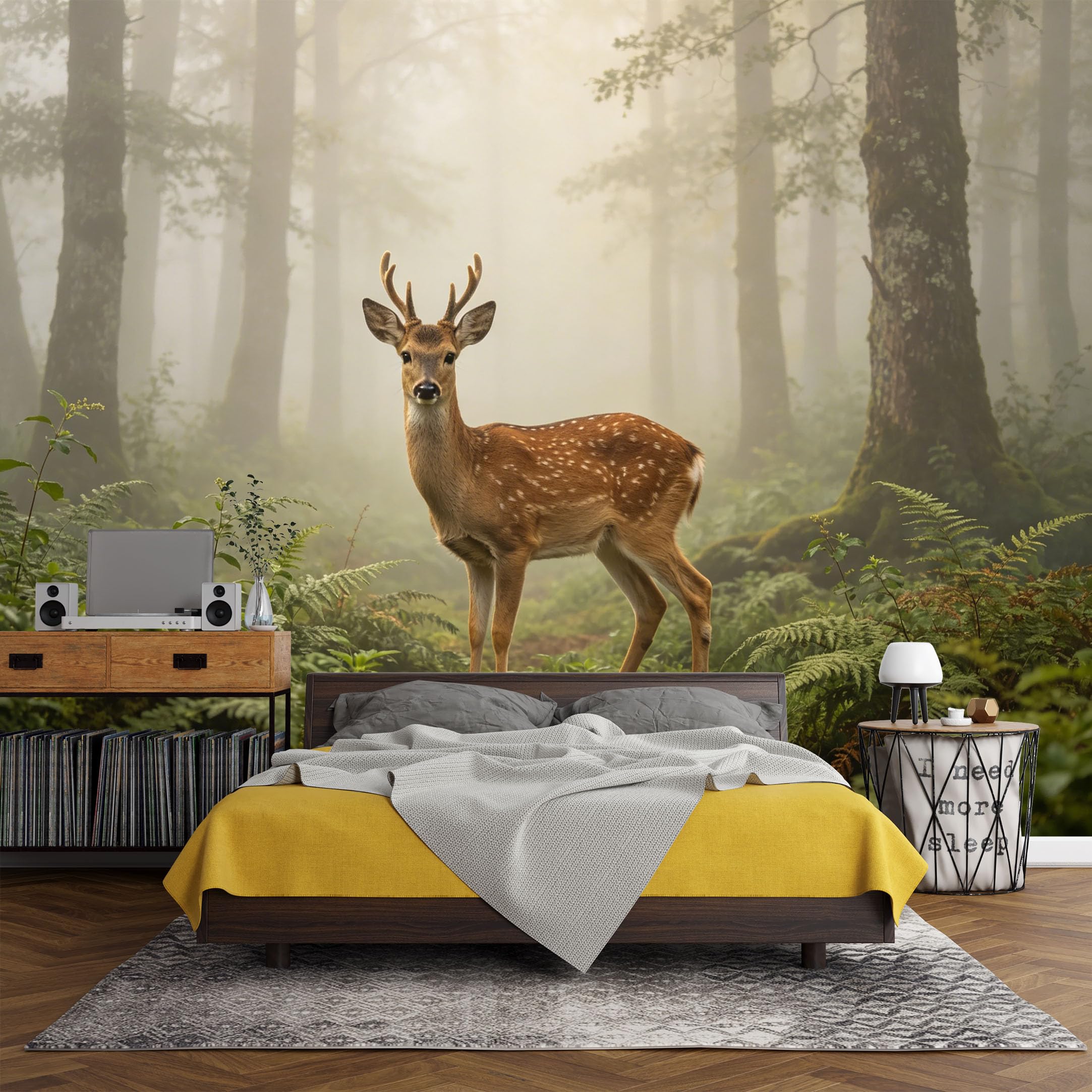 Custom Size Wall Mural， Forest Deer Mist Woodland Landscape Nature Scene，SelfAdhesive Art Prints wall Fabric(No PVC) Removable Wallpaper Living Room Decor