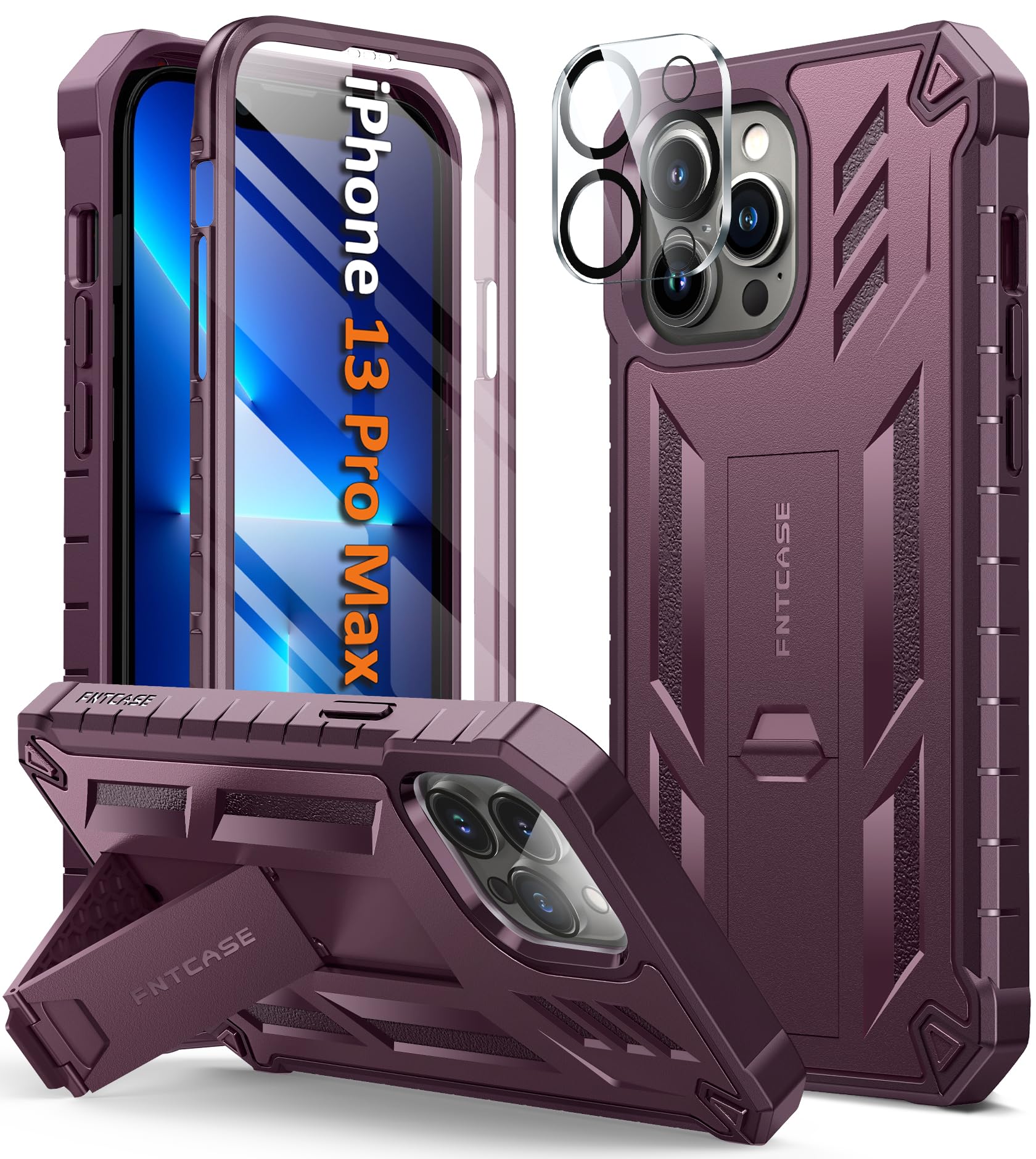 FNTCASEfor iPhone 13 Pro-Max Case: Military Grade Shockproof Protective Phone Cover with Kickstand - Dual Layer Full Protection Matte Textured Drop Proof Heavy Duty Hard Cases - 6.7 Inch Burgundy