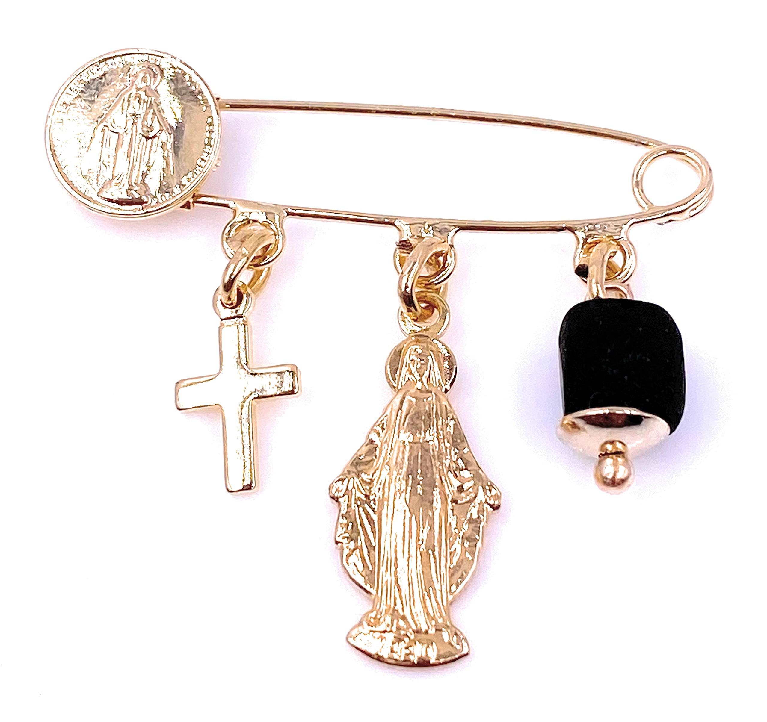 LESLIE BOULES 18K Gold Plated Brooch Pin for Baby Miraculous Pendant & Genuine Azabache Stone Handmade Jewelry