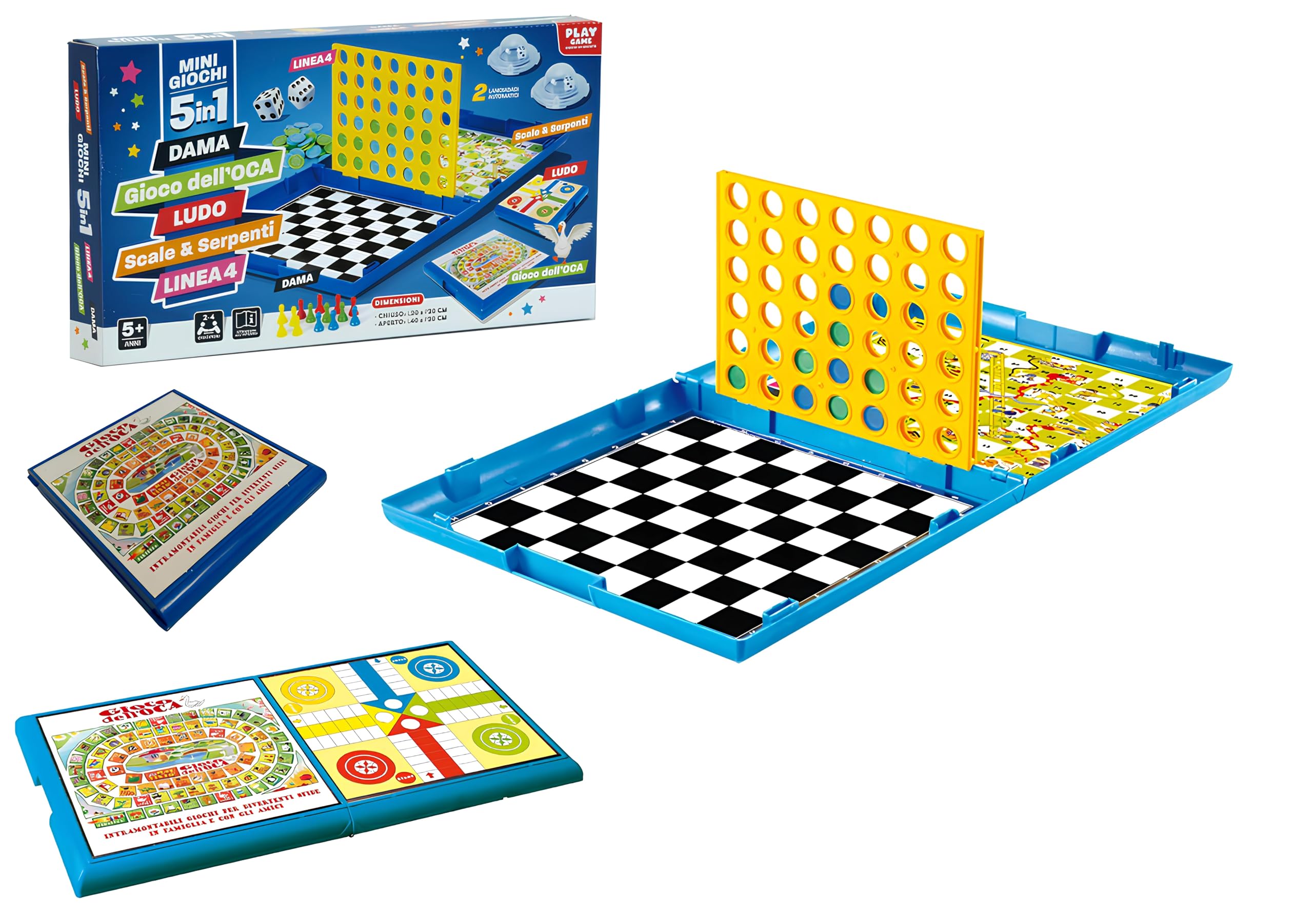 Generico 5-in-1 Mini Games Collecting Board Game Set: Force 4, Goose Game, Dame, Ludo, Ladders and Snakes, Family