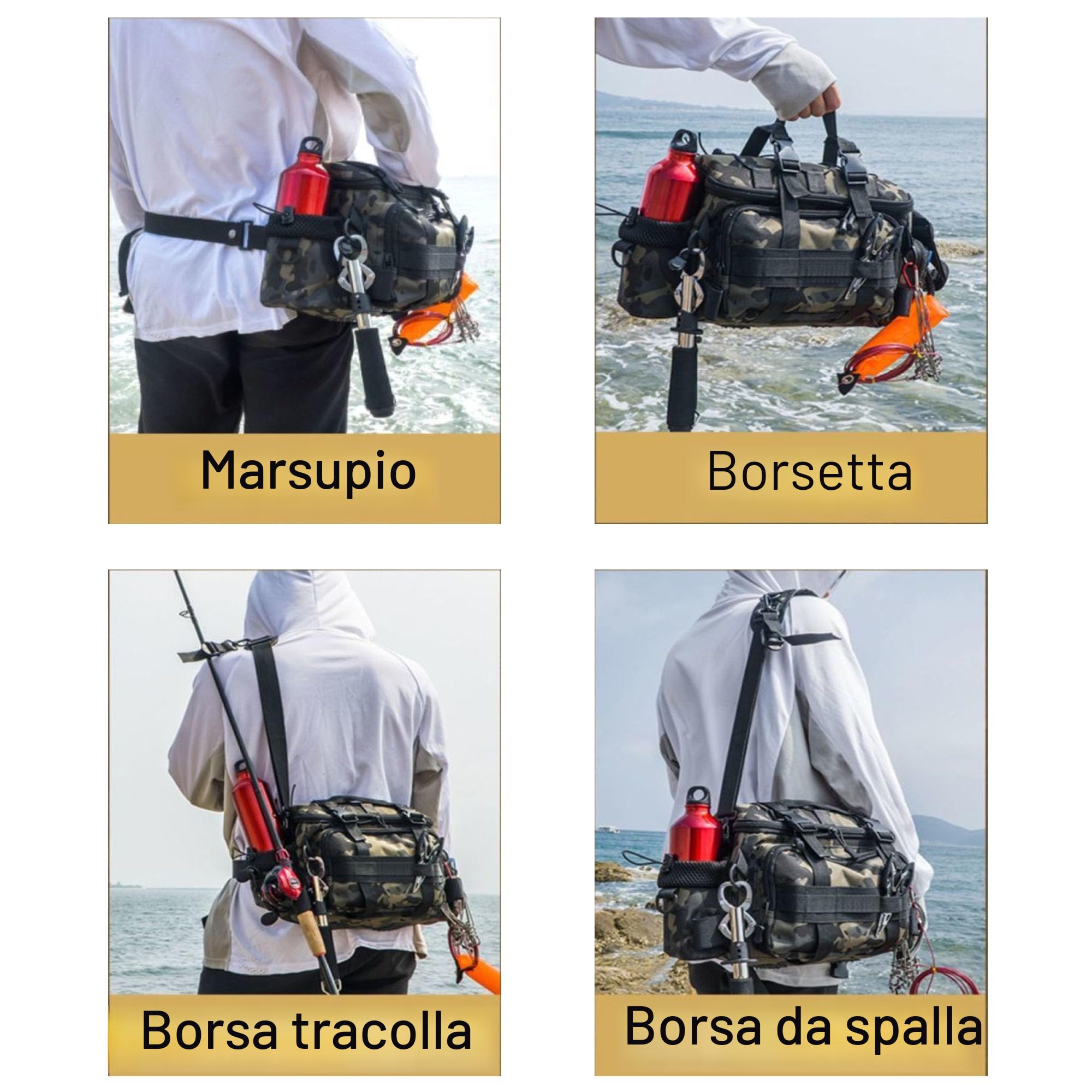 YUEMING Borsa da Pesca Grande per Attrezzi e Accessori con Cintura e Tracolla, 40 * 28 * 20cm, Il Camuffamento
